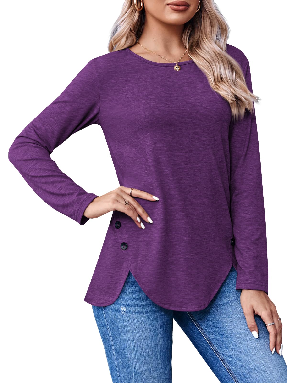 Womens Casual Long Sleeve Tunic Shirts Round Neck Button Side Blouses Tops
