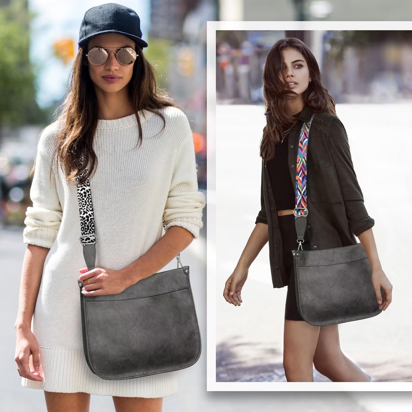 Vegan Leather Crossbody Bags for Women, Crossbody Purse with Guitar Strap Zipped Pockets Handbag