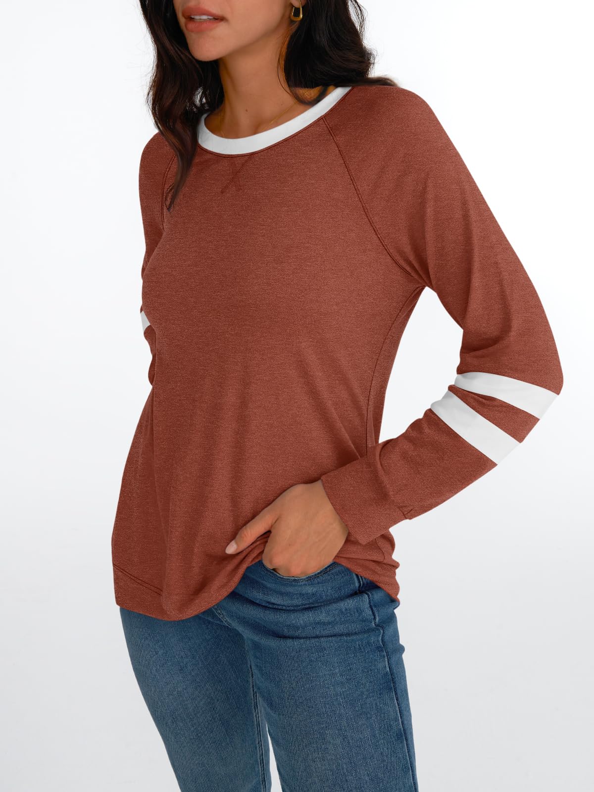 Womens Long Sleeve Shirts Color Block Casual Crewneck Tops Tshirt Basic Tees Fashion Clothes Trendy Outfits
