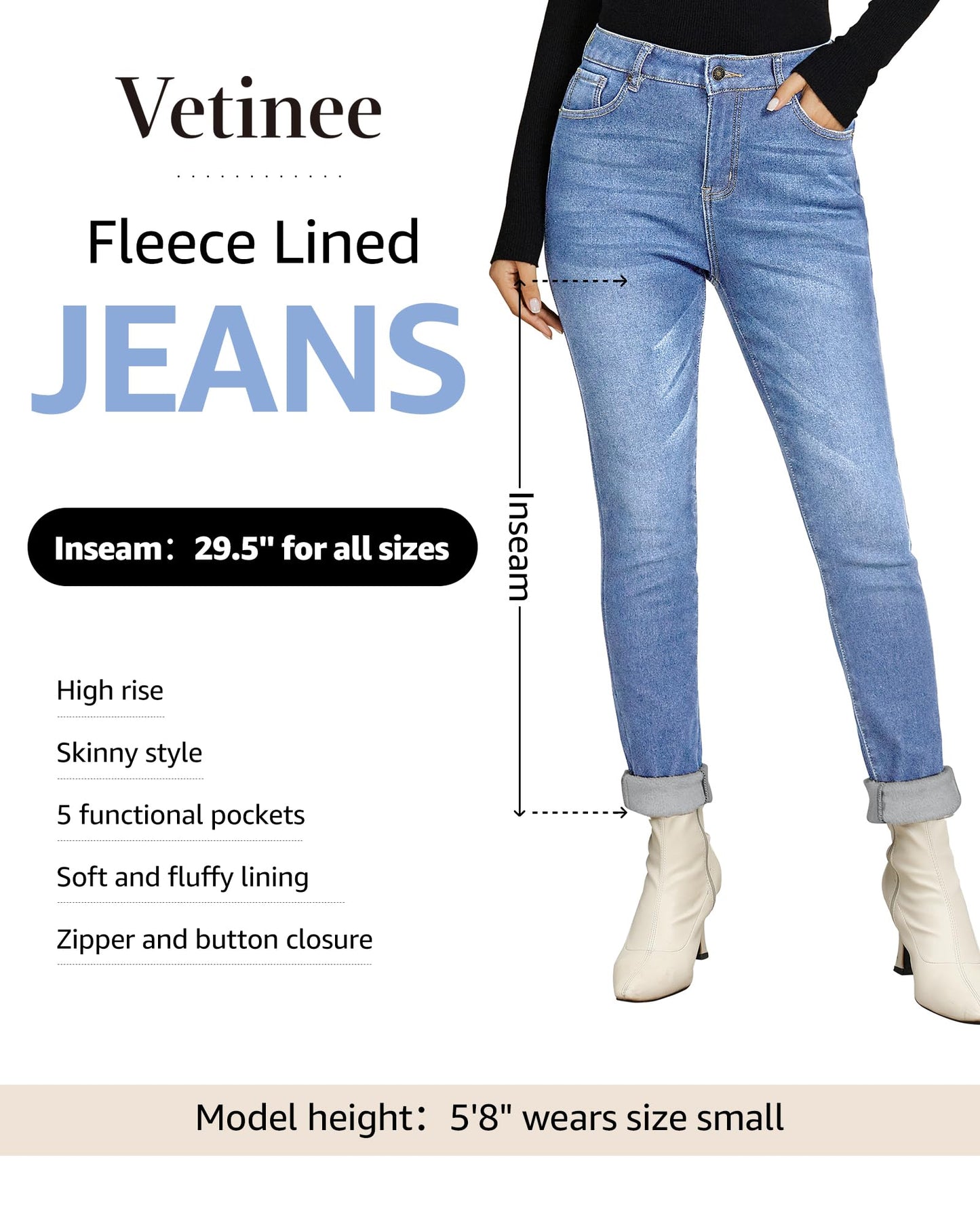 Vetinee Fleece Lined Jeans for Women High Waisted Skinny Winter Warm Slim Fit Thermal Jean Pants Stretchy Denim Jeggings
