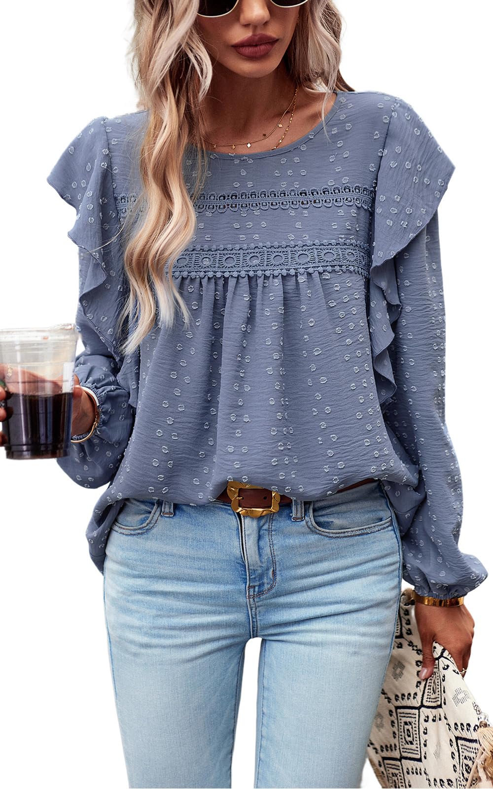 Women's Long Sleeve Blouses Ruffle Swiss Dot Crochet Loose Fit