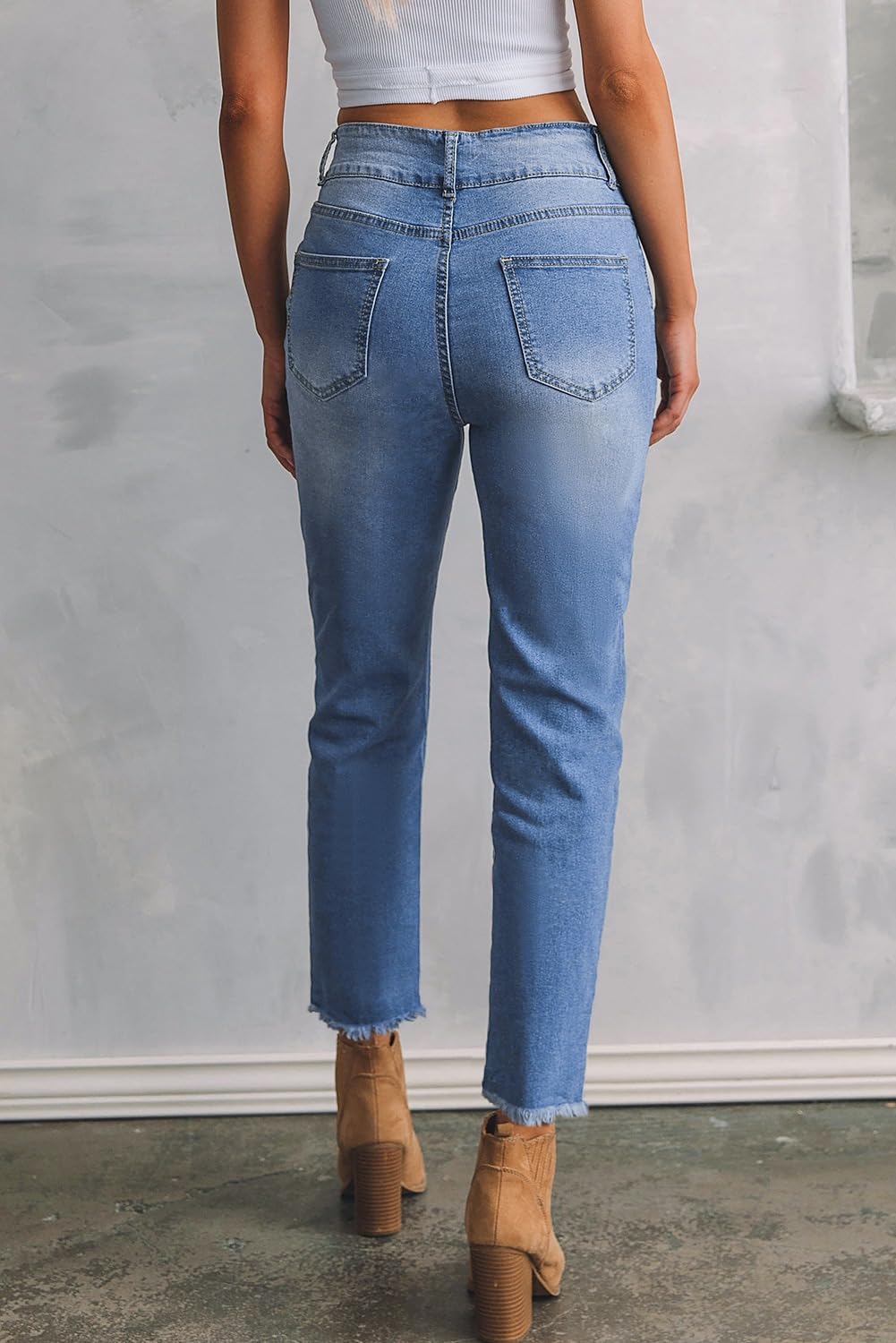 Women's High Waisted Jeans Strechy Raw Hem Straight Leg Denim Pants with Pockets