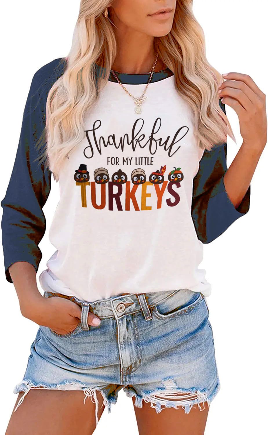 Thankful for My Little Turkeys Shirt Women Thanksgiving Tshirt Cute Graphic Raglan 3/4 Sleeve Baseball Tee Tops