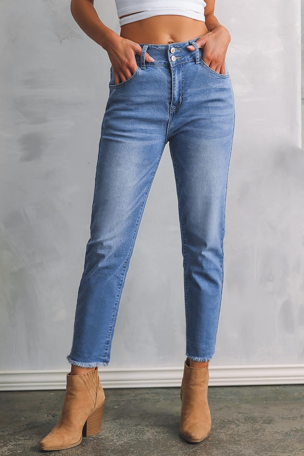 Women's High Waisted Jeans Strechy Raw Hem Straight Leg Denim Pants with Pockets