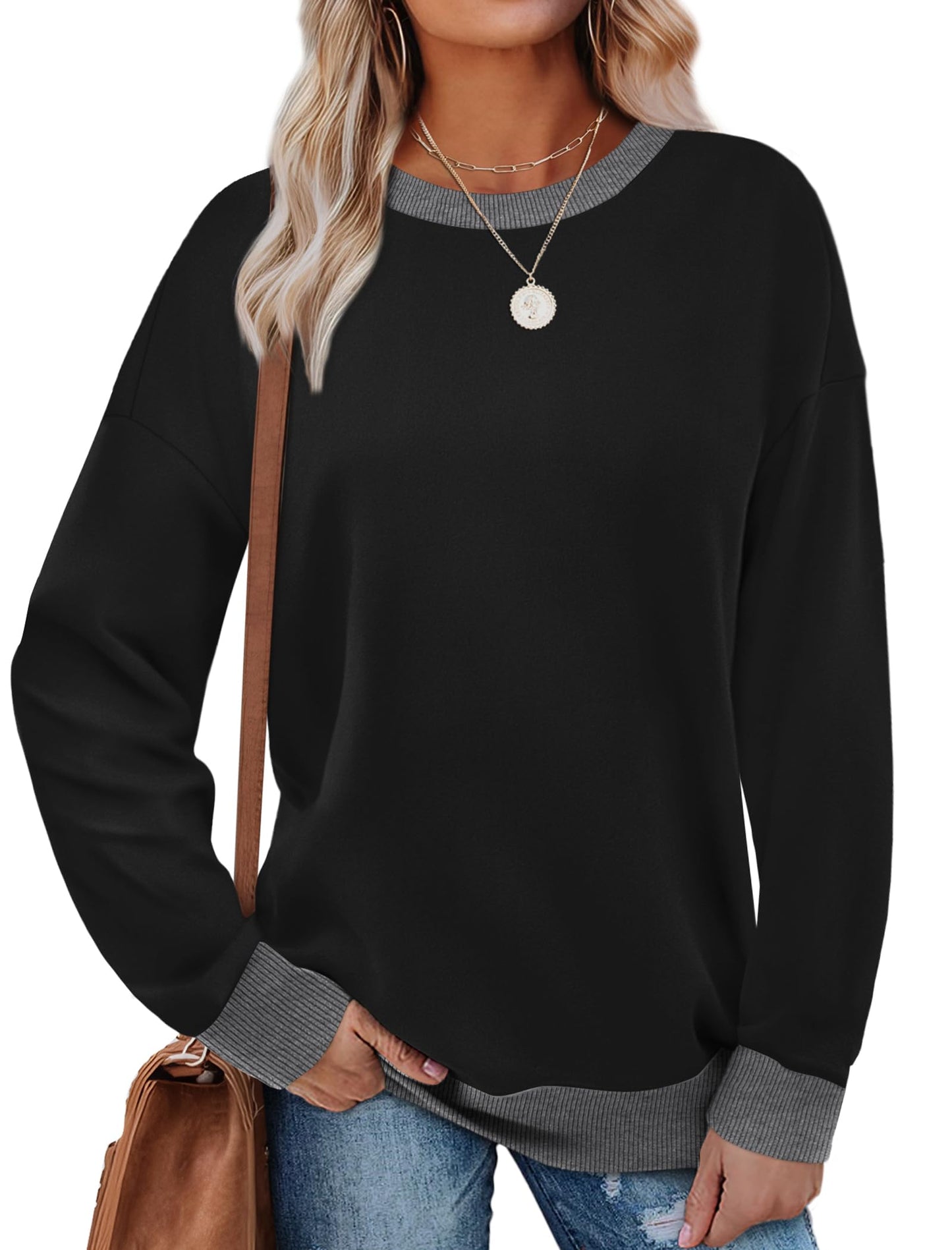 Sweatshirts for Women Crewneck Long Sleeve Loose Fit Tops Color Block Ribbed Trim Fashion