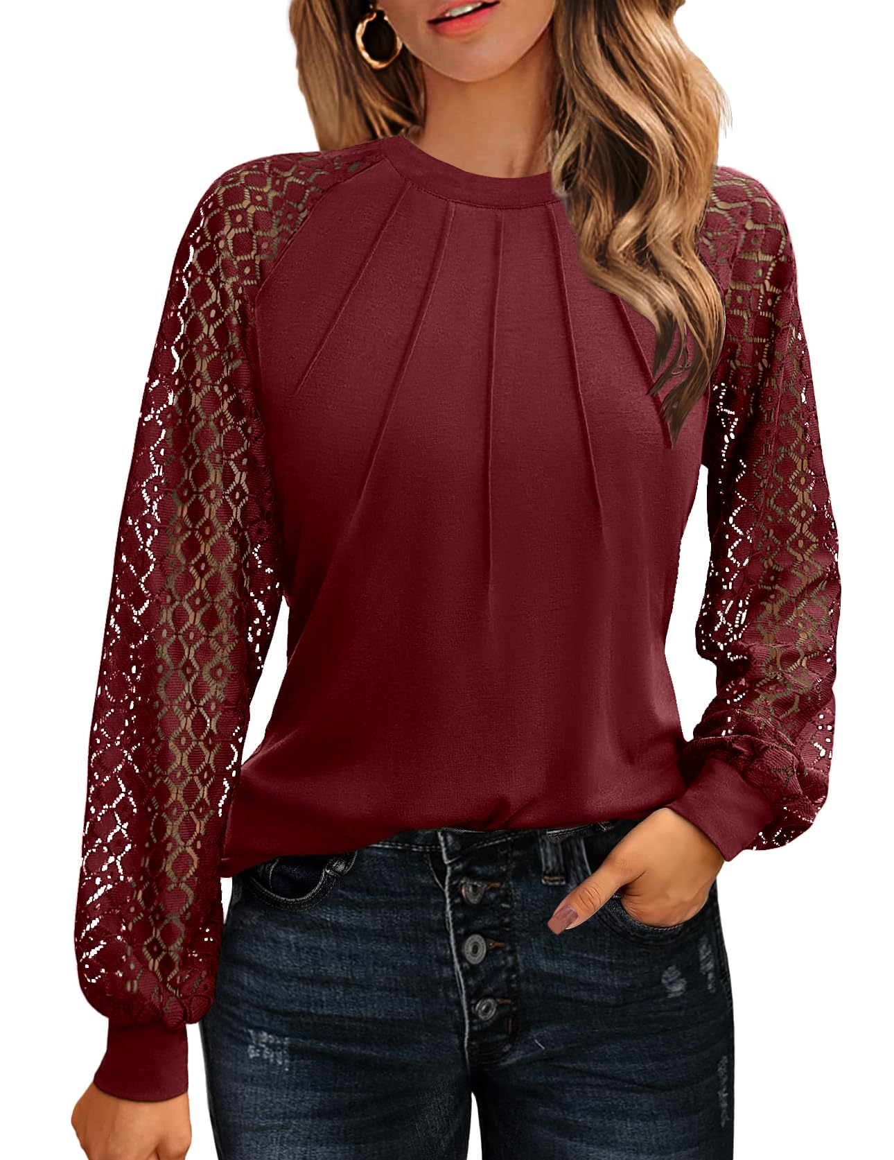 Women's Lace Long Sleeve Tops Dressy Business Casual Blouses Front Pleated Work Shirts