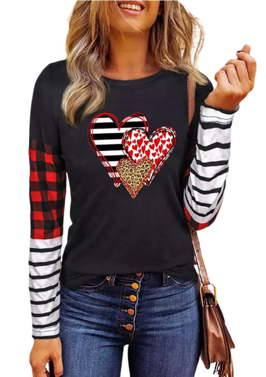 Valentines Day Shirts for Women Funny Plaid Love Heart Graphic Valentines T-Shirt Plaid Striped Splicing Long Sleeve Tops