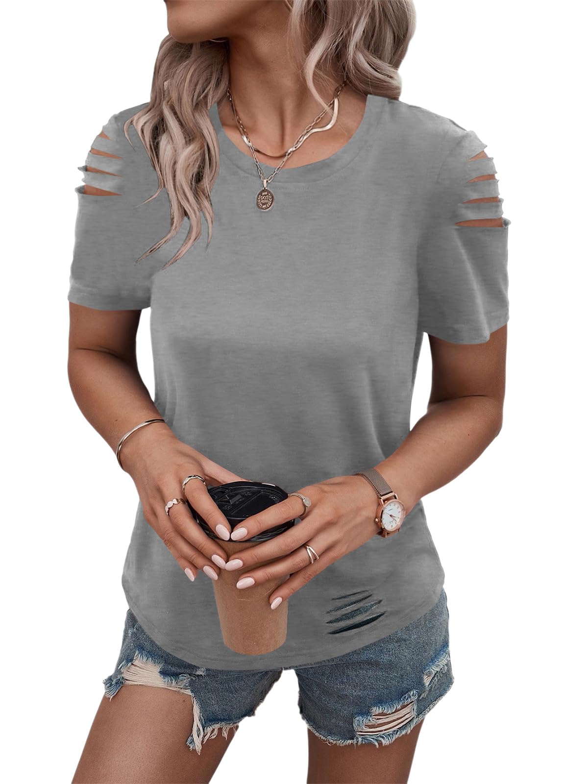 Women's Short Sleeve T Shirts Crew Neck Ripped Cut Out Summer Casual Basic Tees Tops
