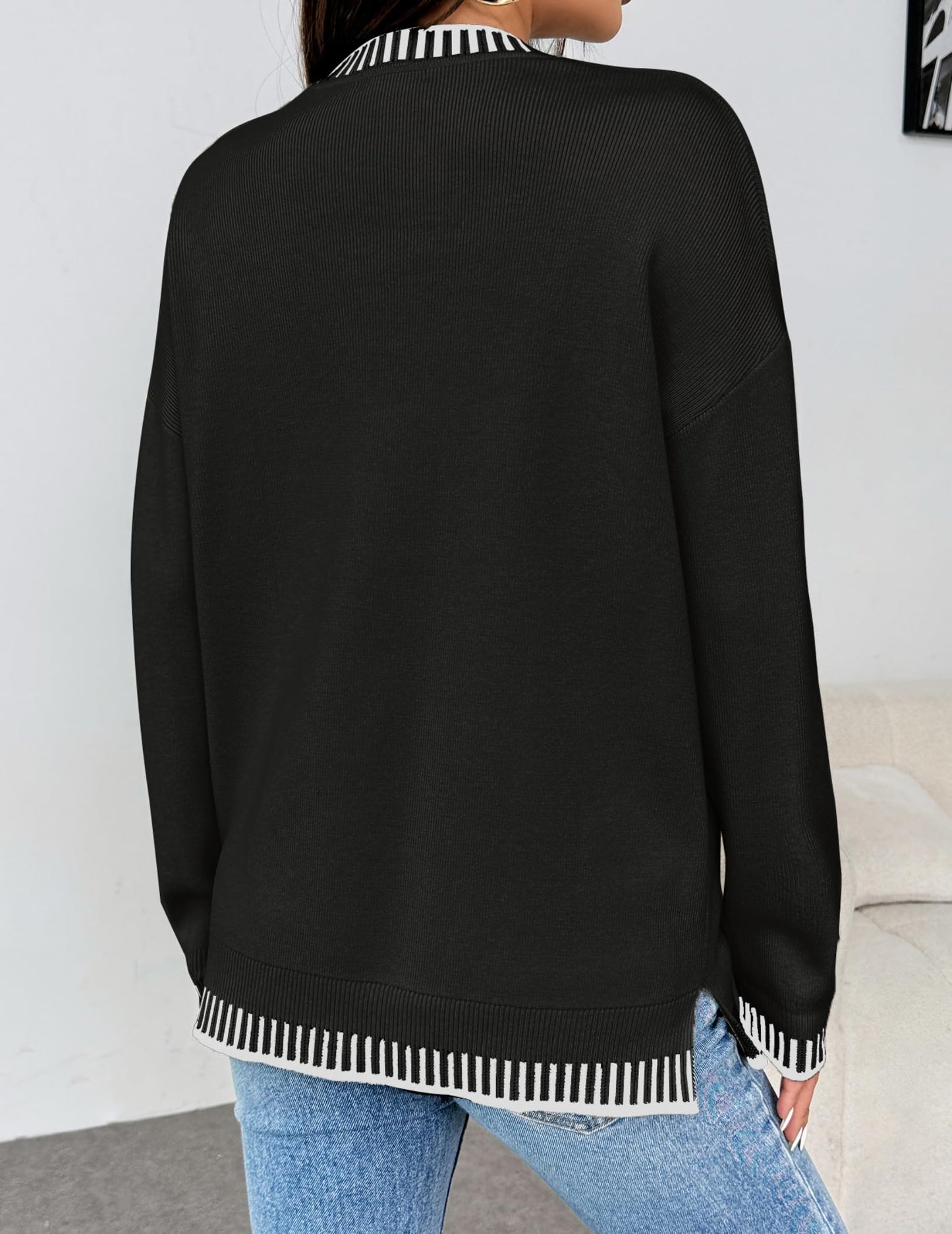 Womens Crewneck Pullover Sweater Long Sleeve Knit Side Slit