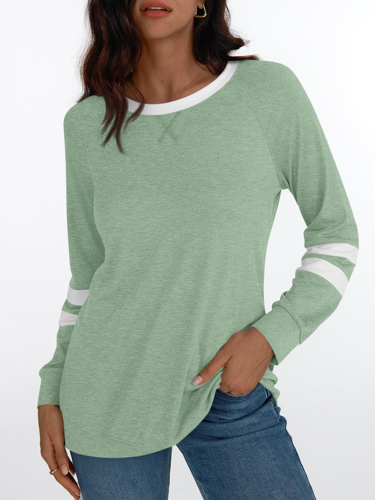 Womens Long Sleeve Shirts Color Block Casual Crewneck Tops Tshirt Basic Tees Fashion Clothes Trendy Outfits