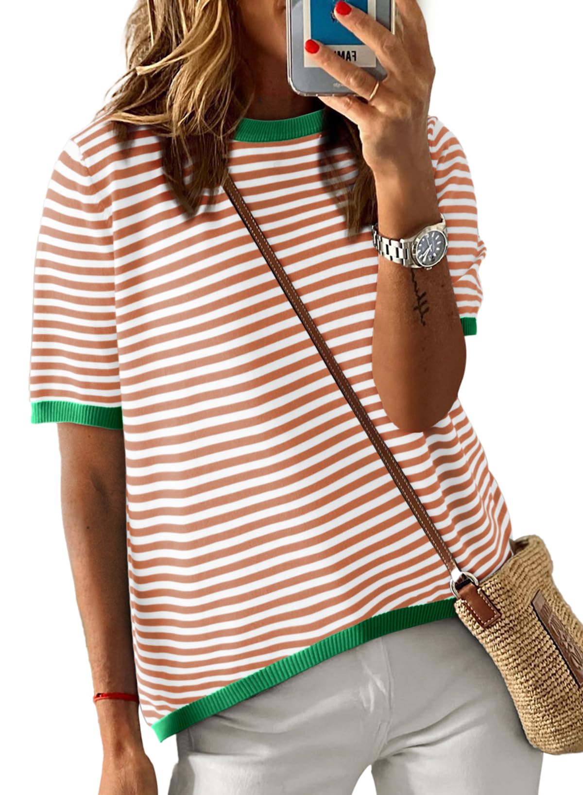 Womens Tops CasualCrewneck Short Sleeve Striped Color Block Knit Trendy Pullover Sweaters
