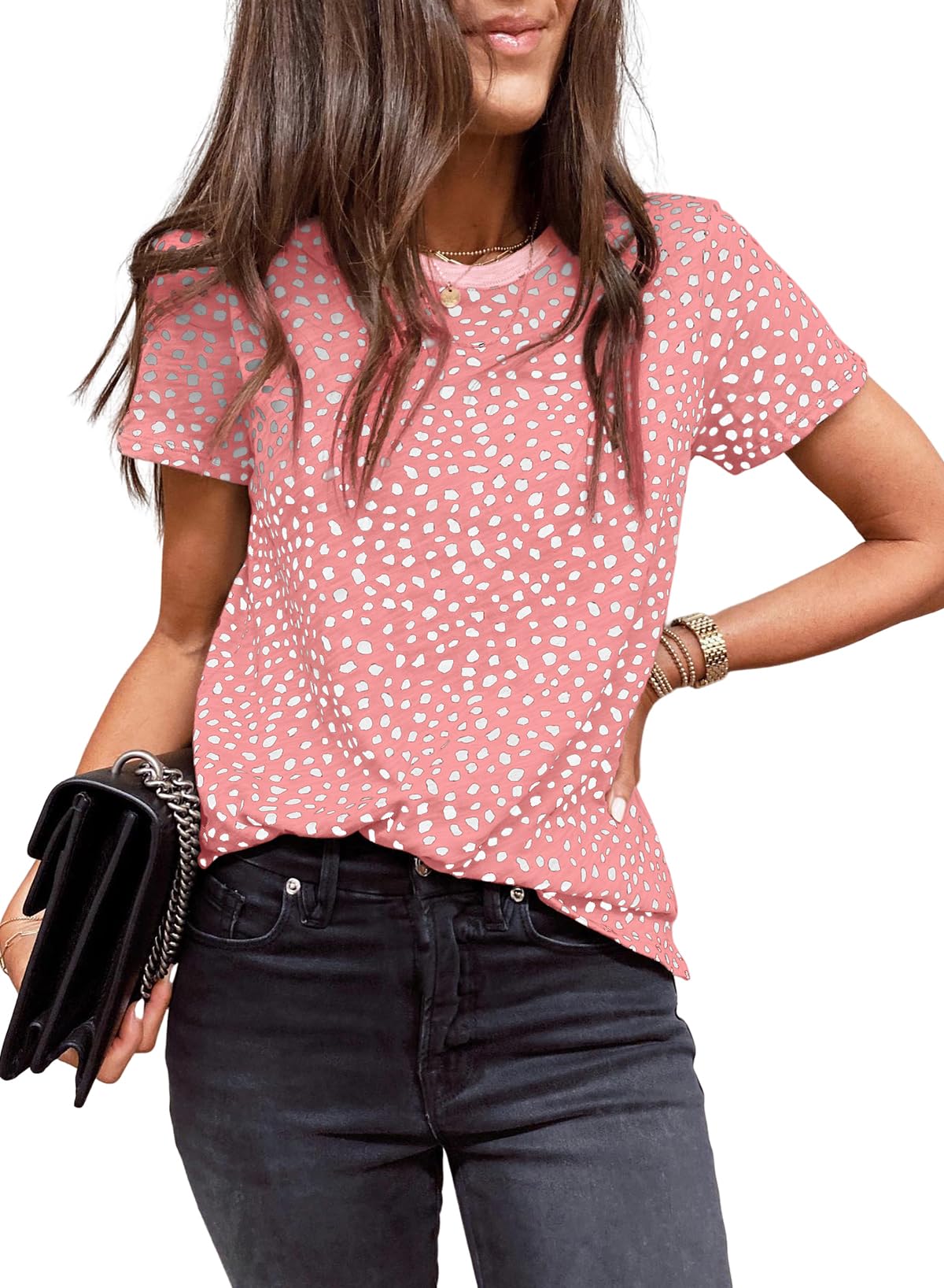 Womens Casual Polka Dot Tops Crewneck Short Sleeve T Shirts Fashion 2024 Spring Summer Loose Fit Shirts