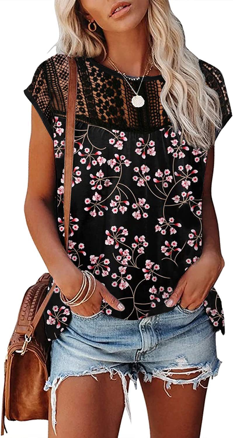 Womens Cap Sleeve Tops 2024 Trendy Floral Print Summer Tops Loose Fit Lace T Shirts Blouses
