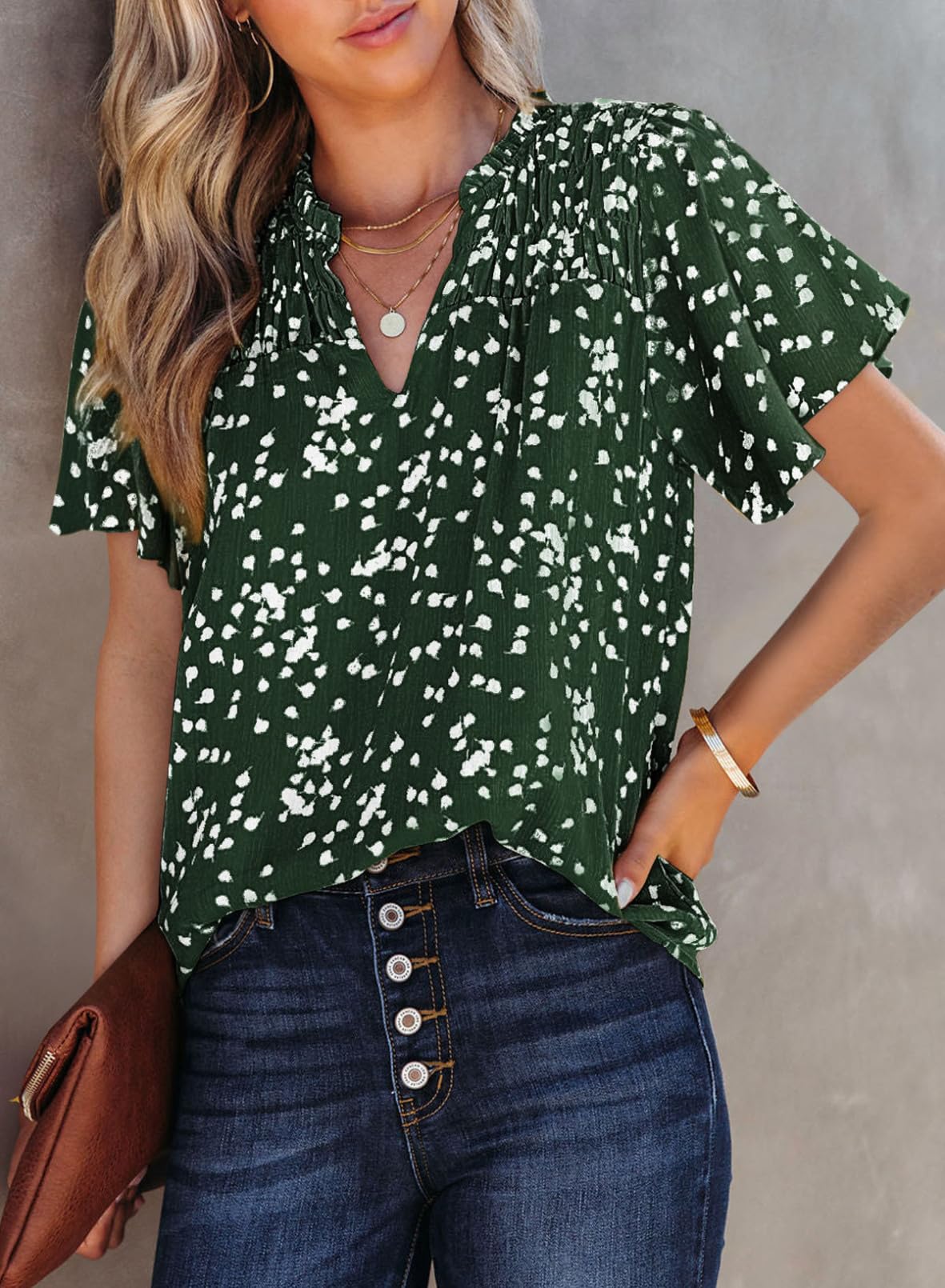 Women's Casual V Neck Floral Print Smocked Short Sleeve Chiffon Blouses Bohemian Top Shirts