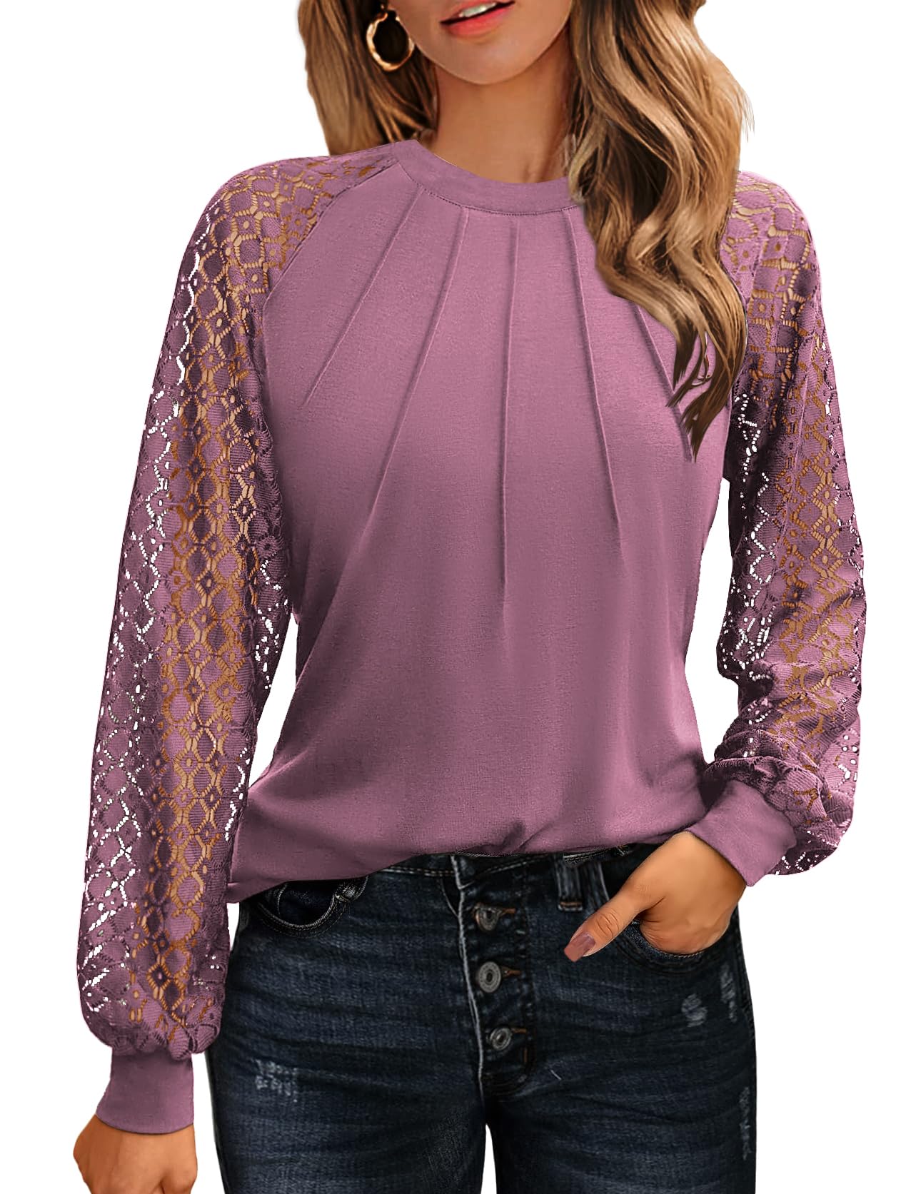 Women's Lace Long Sleeve Tops Dressy Business Casual Blouses Front Pleated Work Shirts