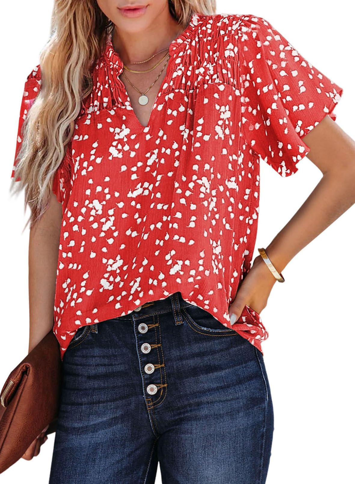 Women's Casual V Neck Floral Print Smocked Short Sleeve Chiffon Blouses Bohemian Top Shirts