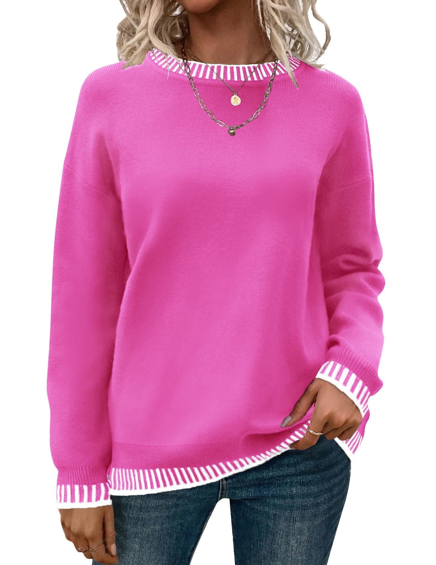 Womens Crewneck Pullover Sweater Long Sleeve Knit Side Slit
