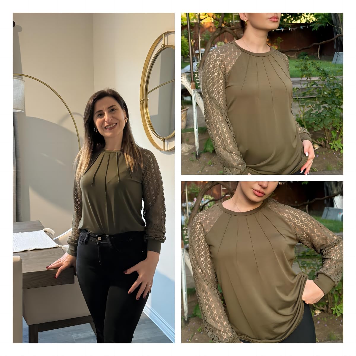 Women's Lace Long Sleeve Tops Dressy Business Casual Blouses Front Pleated Work Shirts