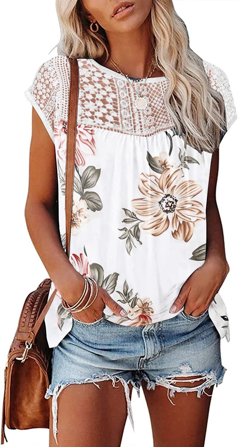 Womens Cap Sleeve Tops 2024 Trendy Floral Print Summer Tops Loose Fit Lace T Shirts Blouses