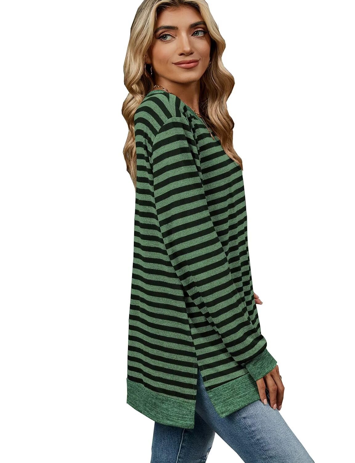 Womens Crewneck Pullovers Color Block Long Sleeve Side Split Tunic Tops