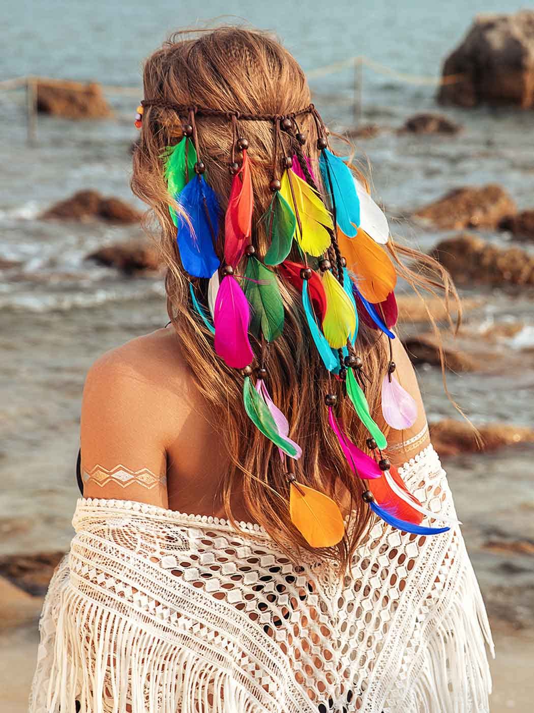 GORTIN Boho Feather Headband Gypsy Headpiece Headdress Bohemian Hippie Headbands Indian Festival Hair Band Adjust Long Feather Hair Accessories for Women and Girls (Black+Green)