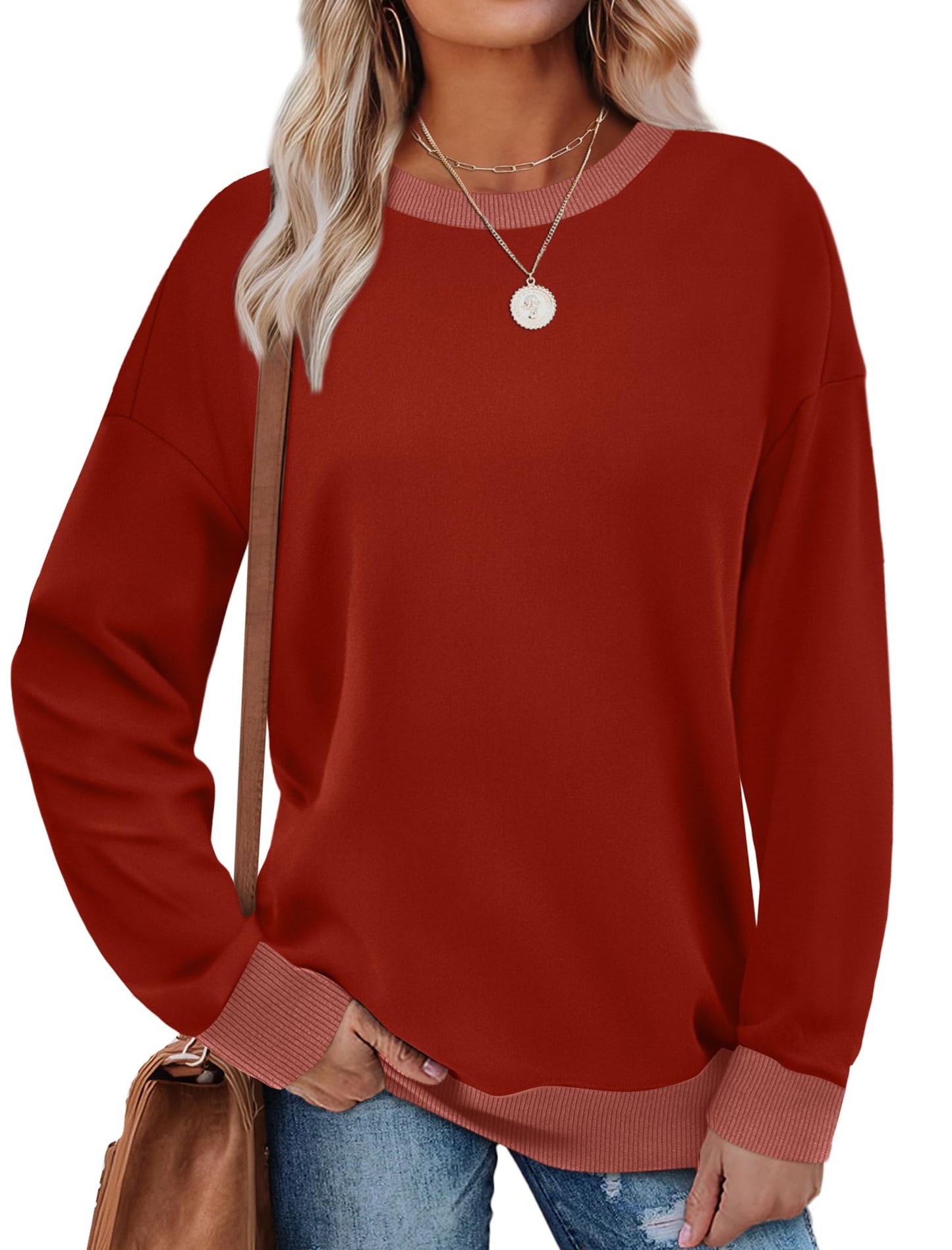 Sweatshirts for Women Crewneck Long Sleeve Loose Fit Tops Color Block Ribbed Trim Fashion