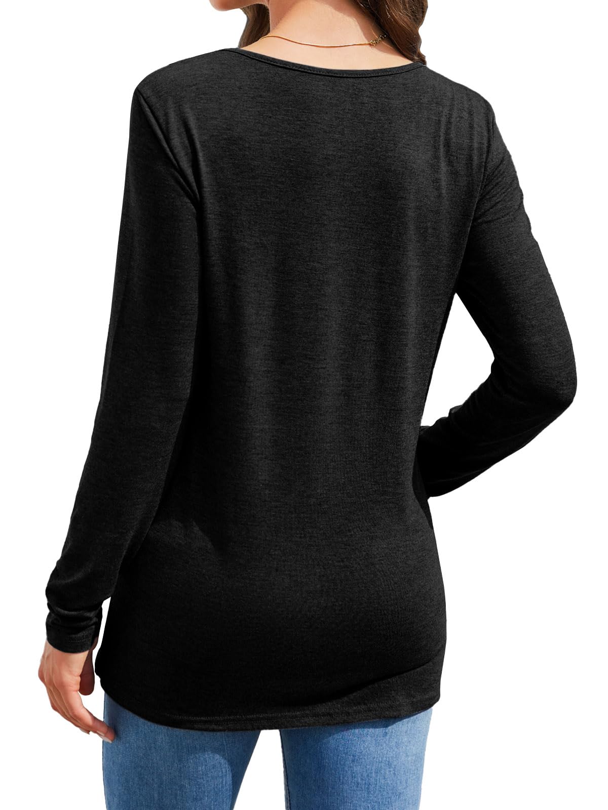 Womens Casual Long Sleeve Tunic Shirts Round Neck Button Side Blouses Tops