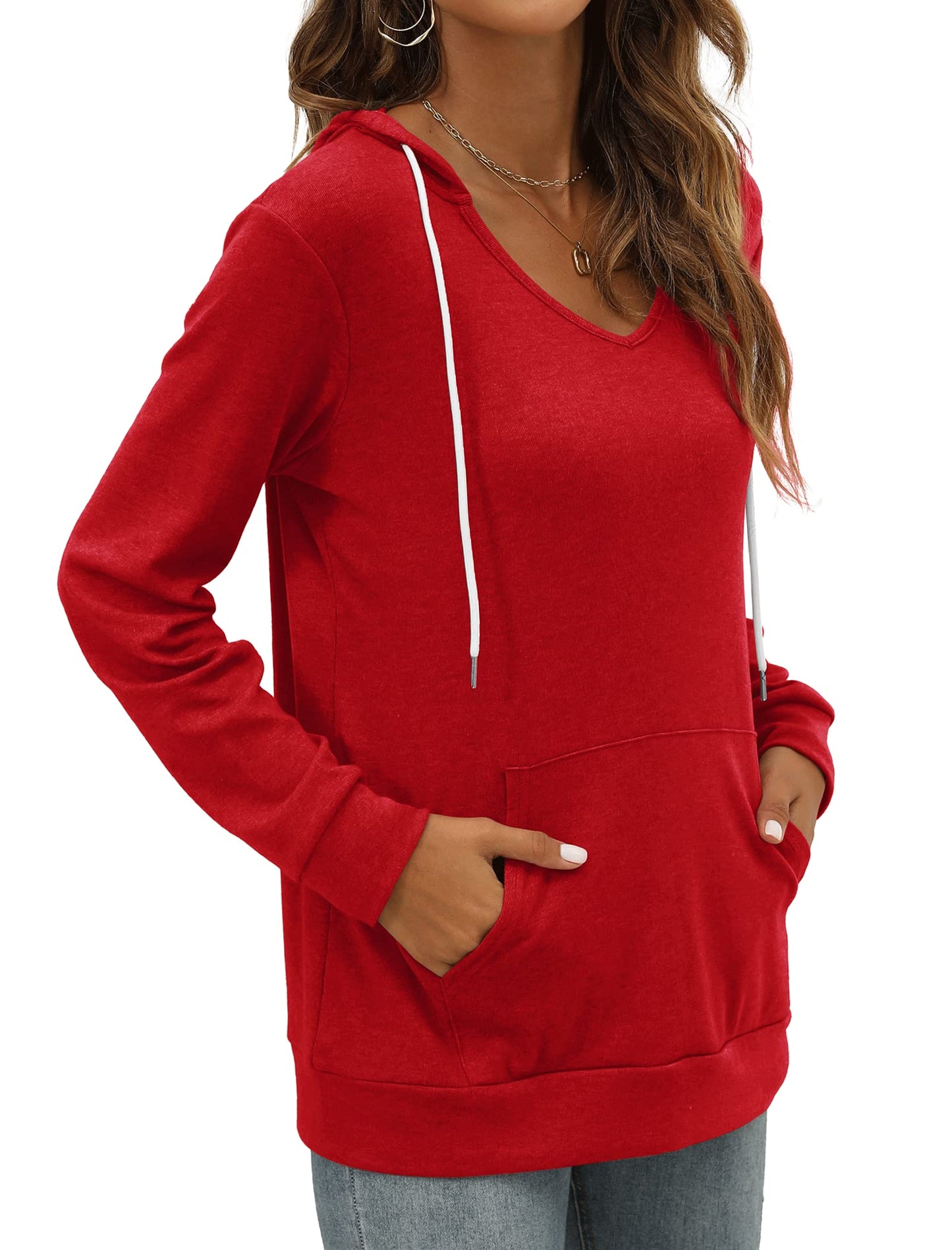 Pocket Hoodies for Womens V Neck Lightweight Sweatshirts Long Sleeve Tops