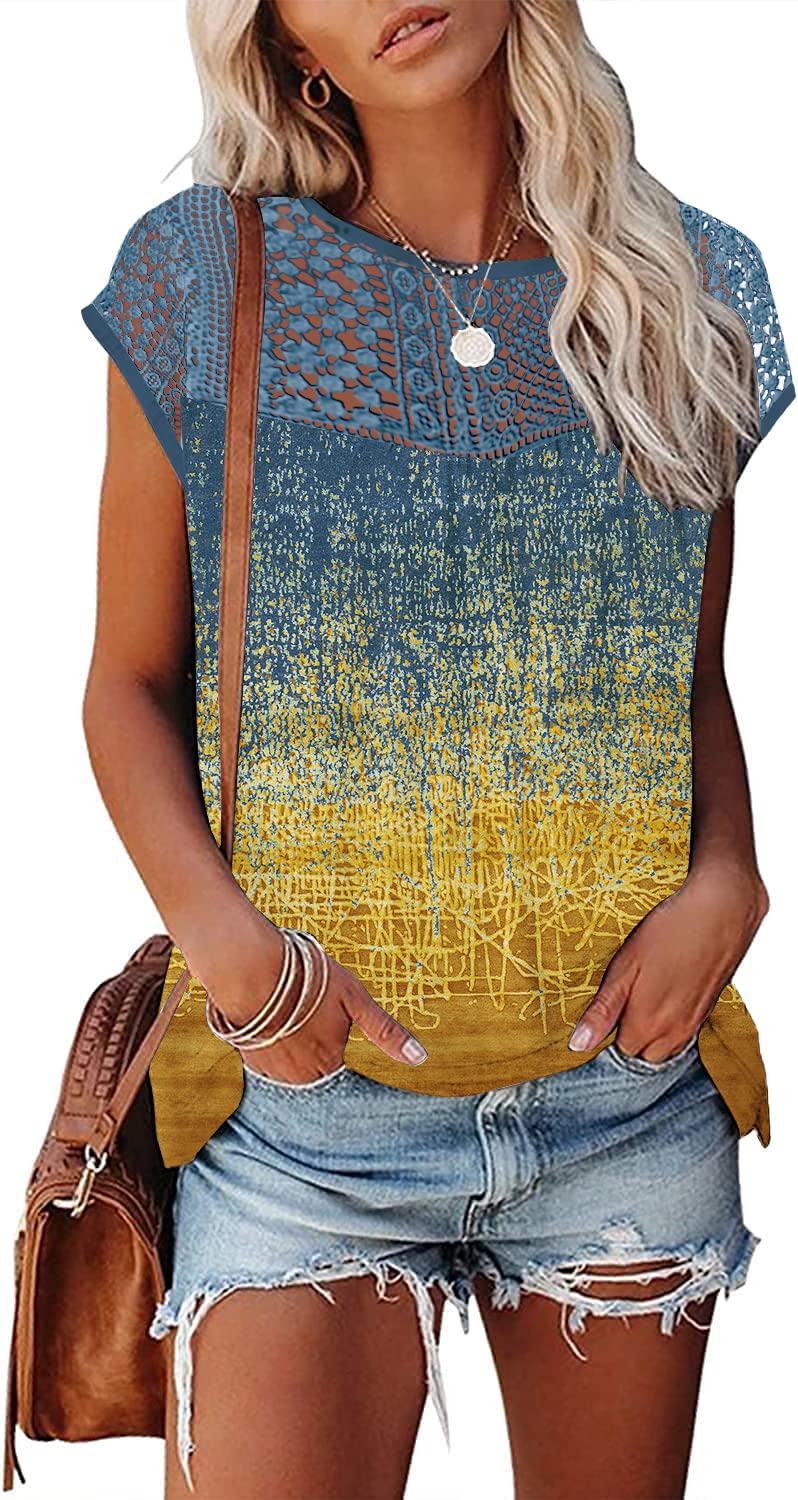 Womens Cap Sleeve Tops 2024 Trendy Floral Print Summer Tops Loose Fit Lace T Shirts Blouses