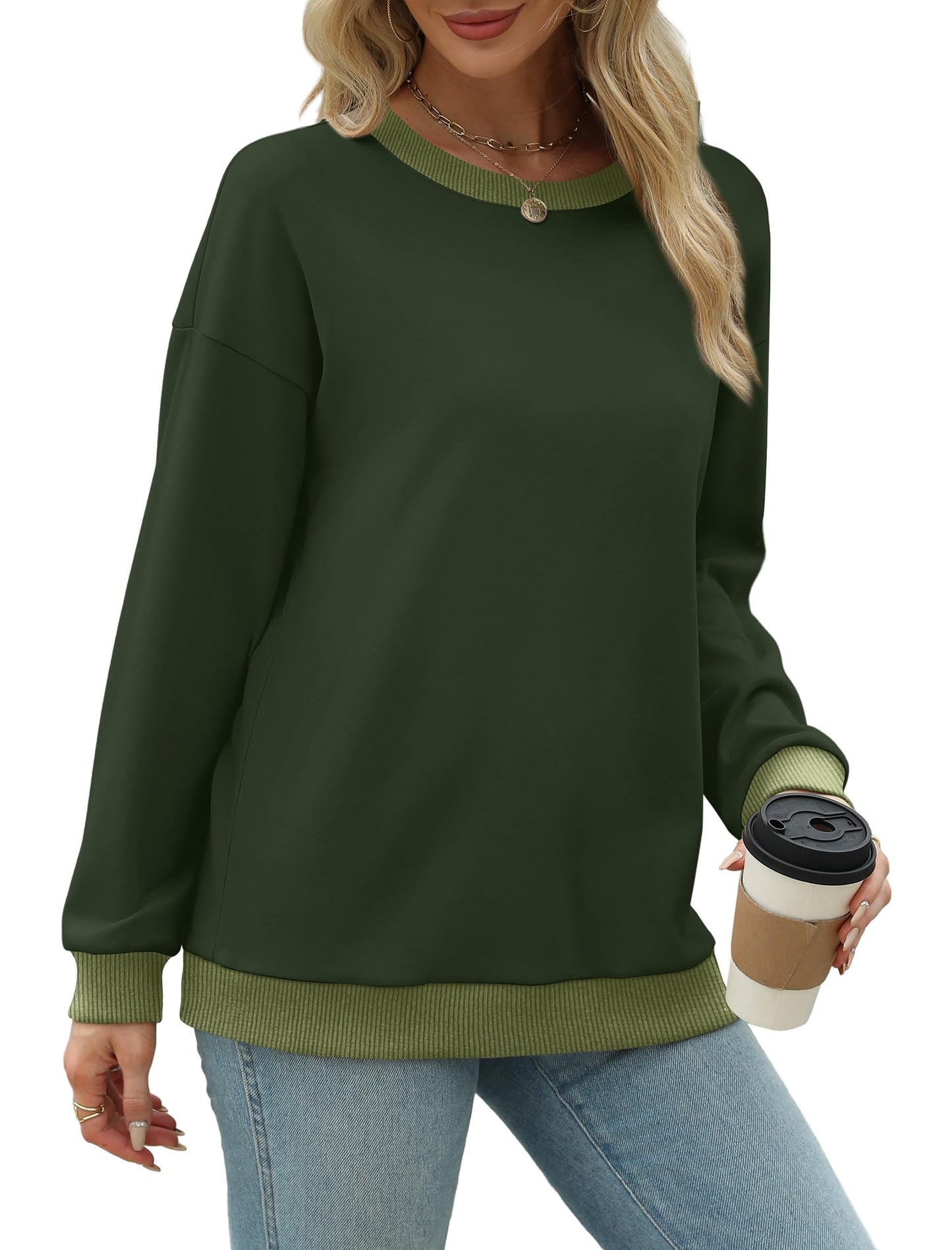 Sweatshirts for Women Crewneck Long Sleeve Loose Fit Tops Color Block Ribbed Trim Fashion
