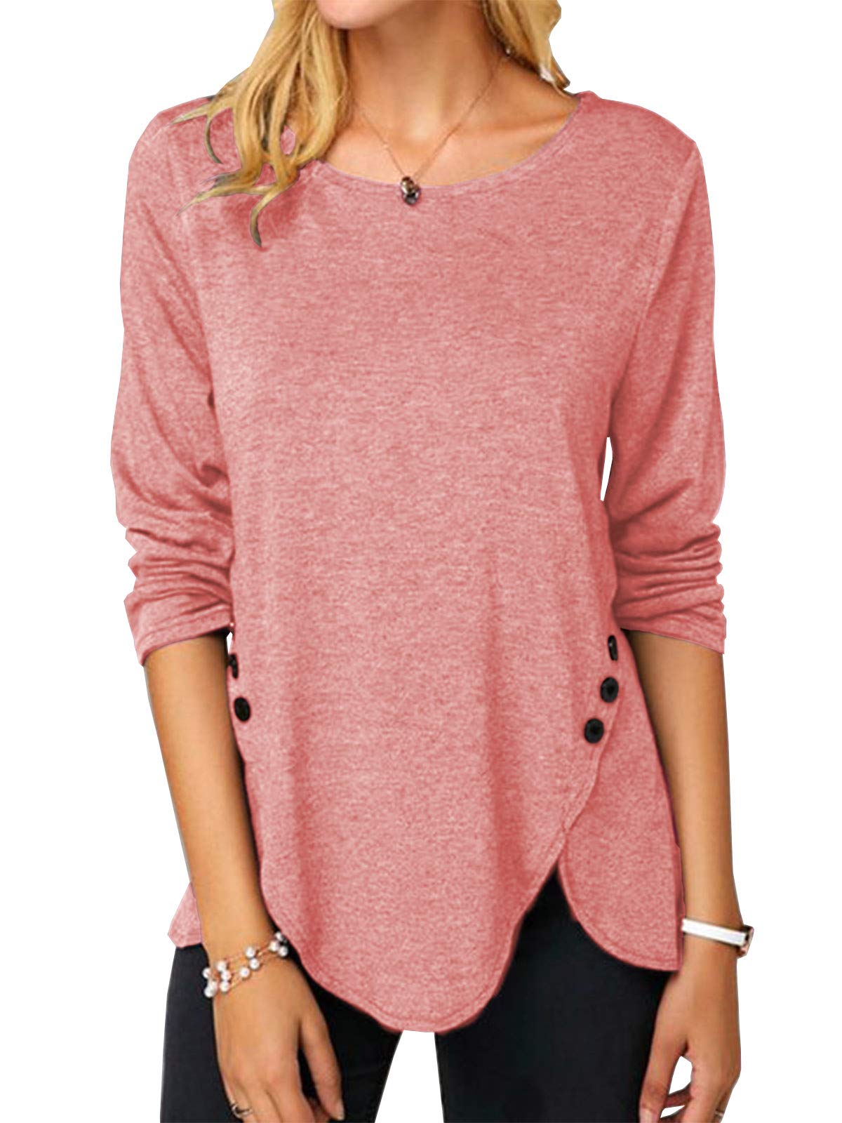 Womens Casual Long Sleeve Tunic Shirts Round Neck Button Side Blouses Tops
