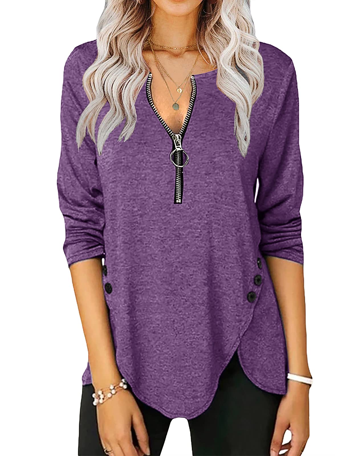 Womens Casual Long Sleeve Tunic Shirts Round Neck Button Side Blouses Tops
