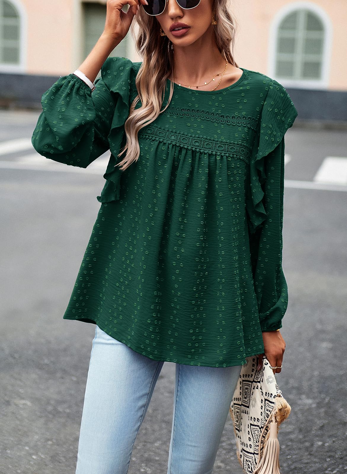 Women's Long Sleeve Blouses Ruffle Swiss Dot Crochet Loose Fit