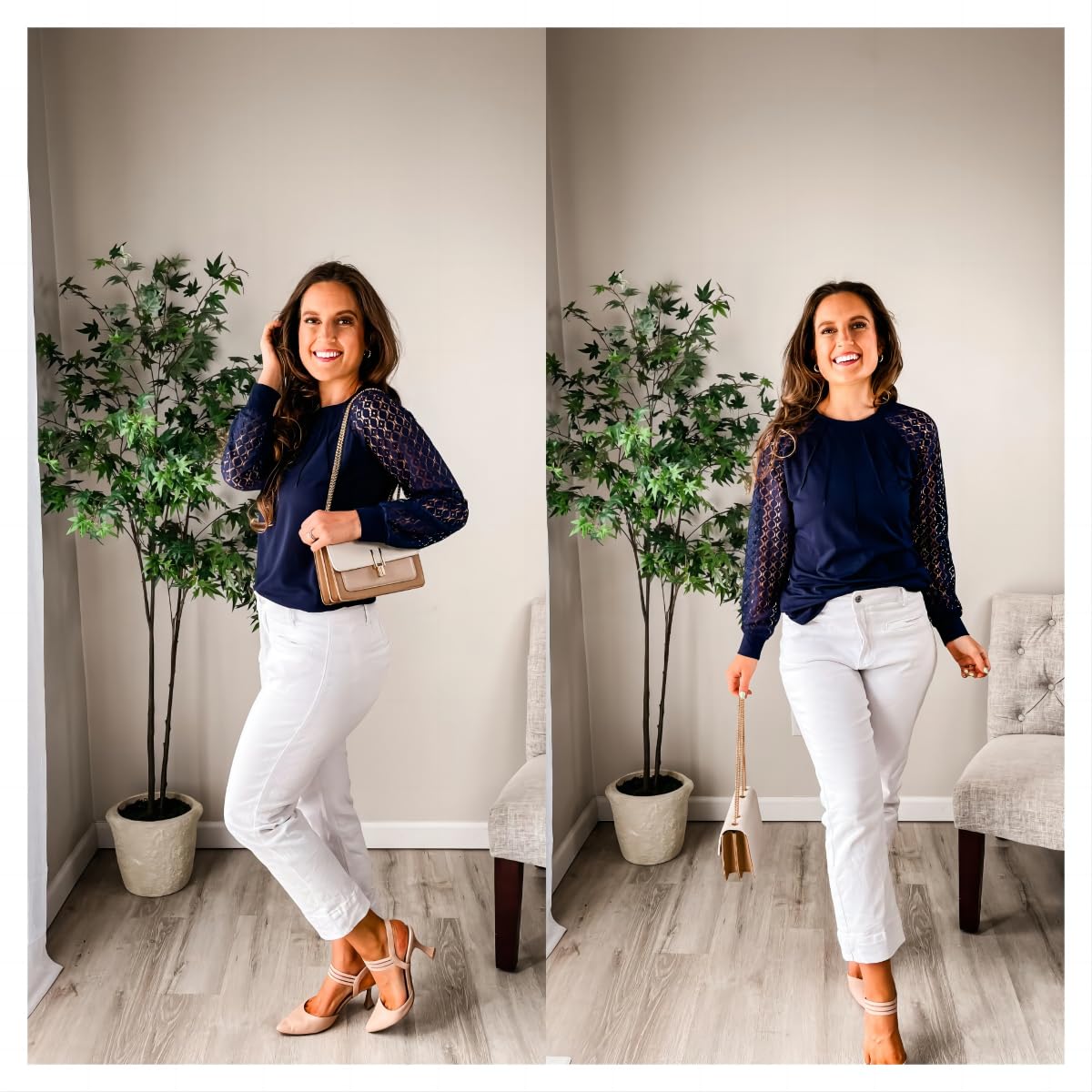 Women's Lace Long Sleeve Tops Dressy Business Casual Blouses Front Pleated Work Shirts