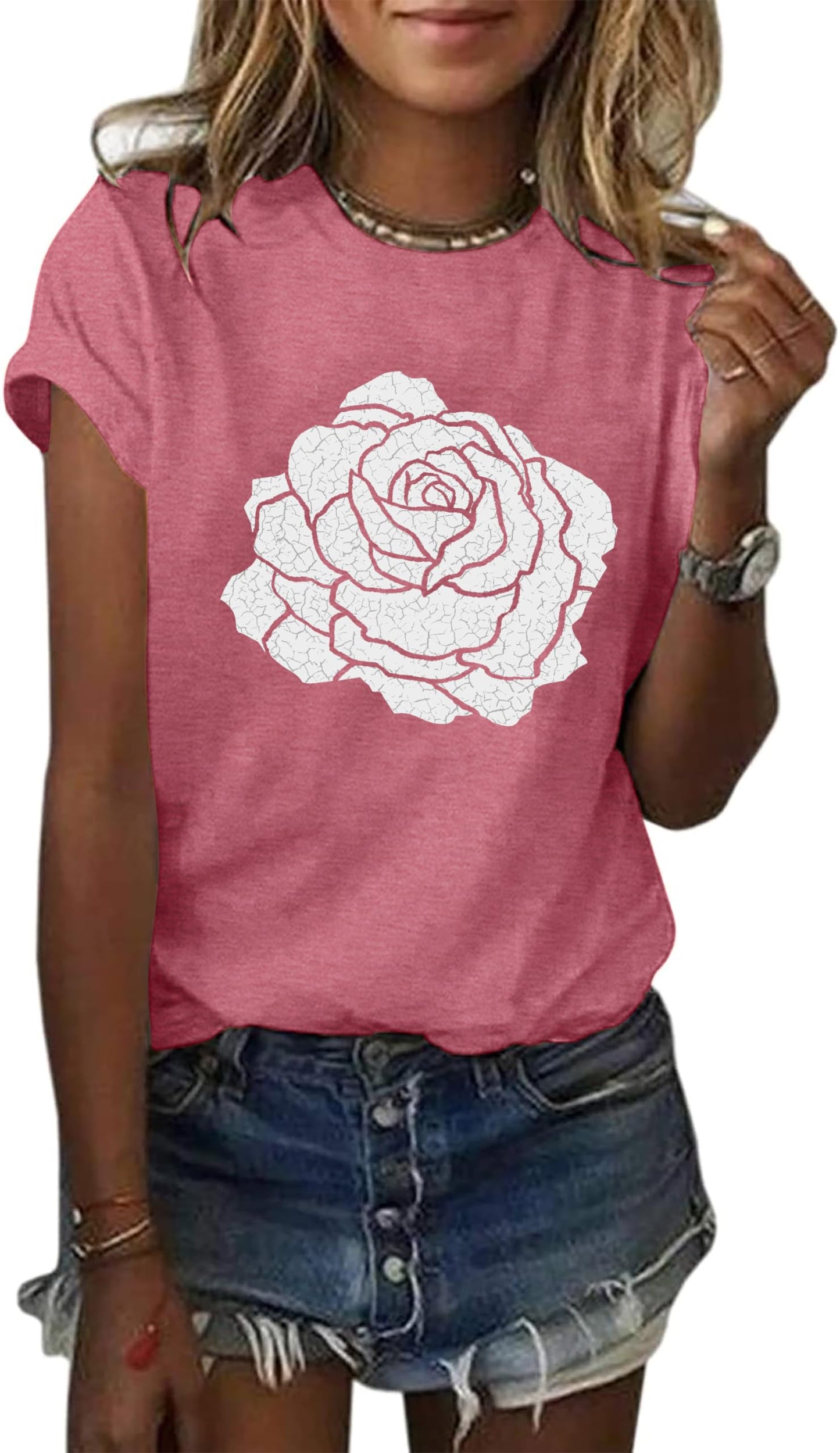 Rose Shirt for Women Flower Graphic Tee Vintage Roses T Shirts Women Loose Fit Rose Tops Short Sleeve