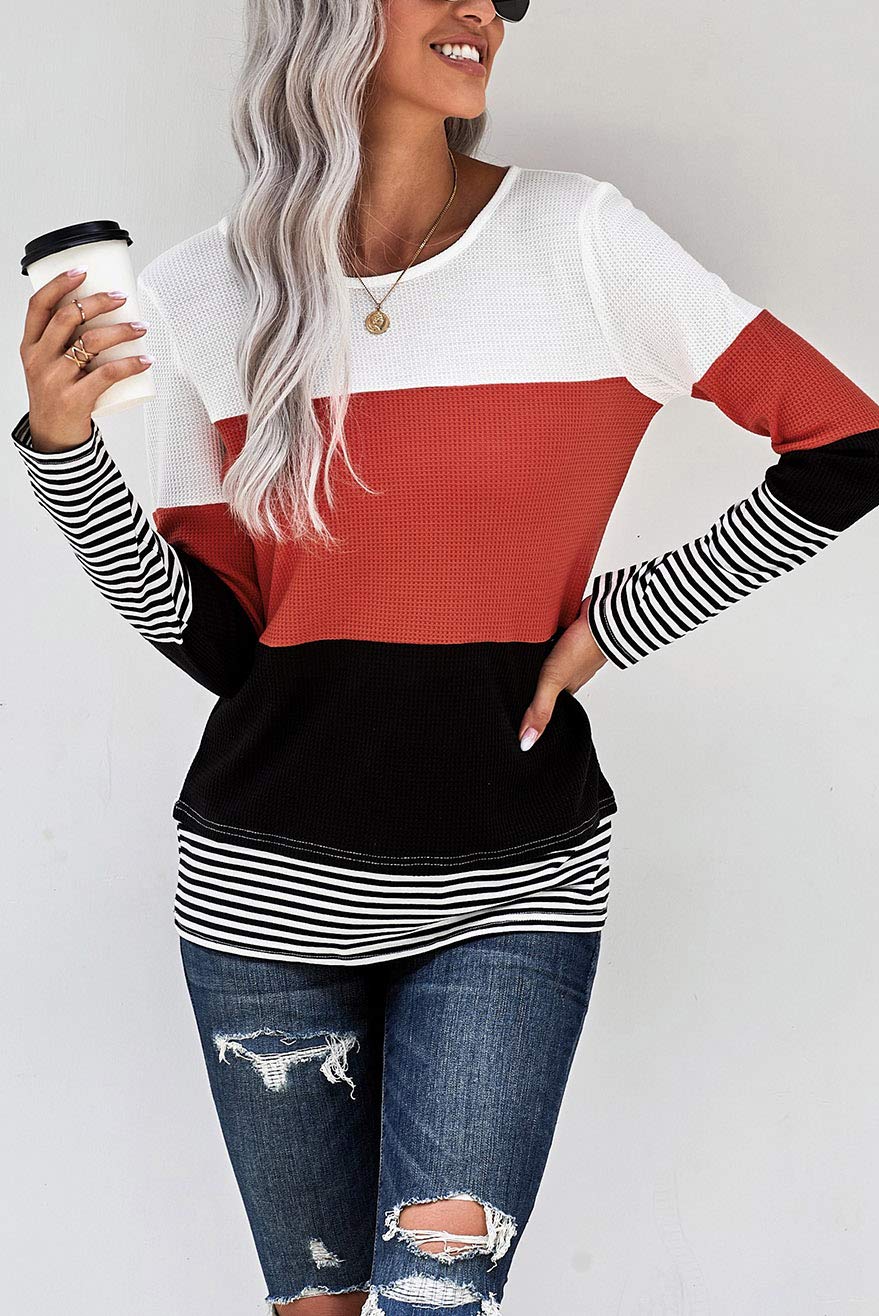 Womens Color Block Loose Long/Short Sleeve T Shirts Casual Comfy Tops