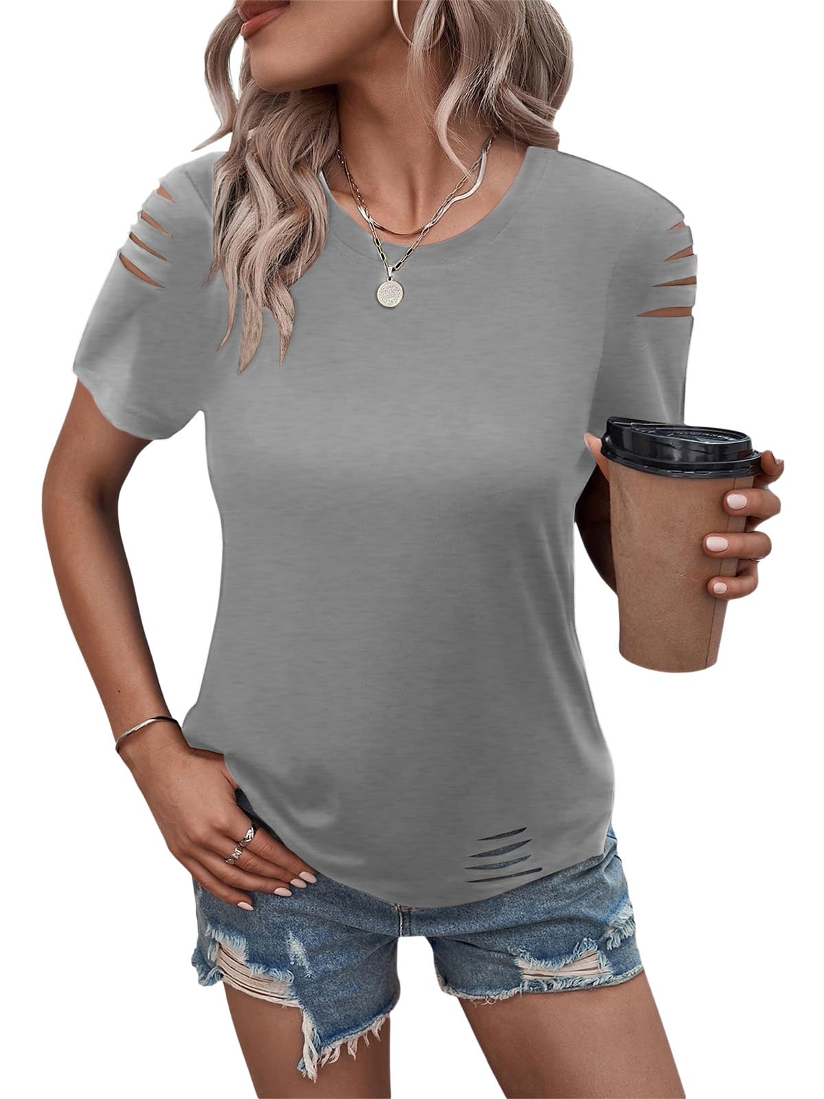Women's Short Sleeve T Shirts Crew Neck Ripped Cut Out Summer Casual Basic Tees Tops