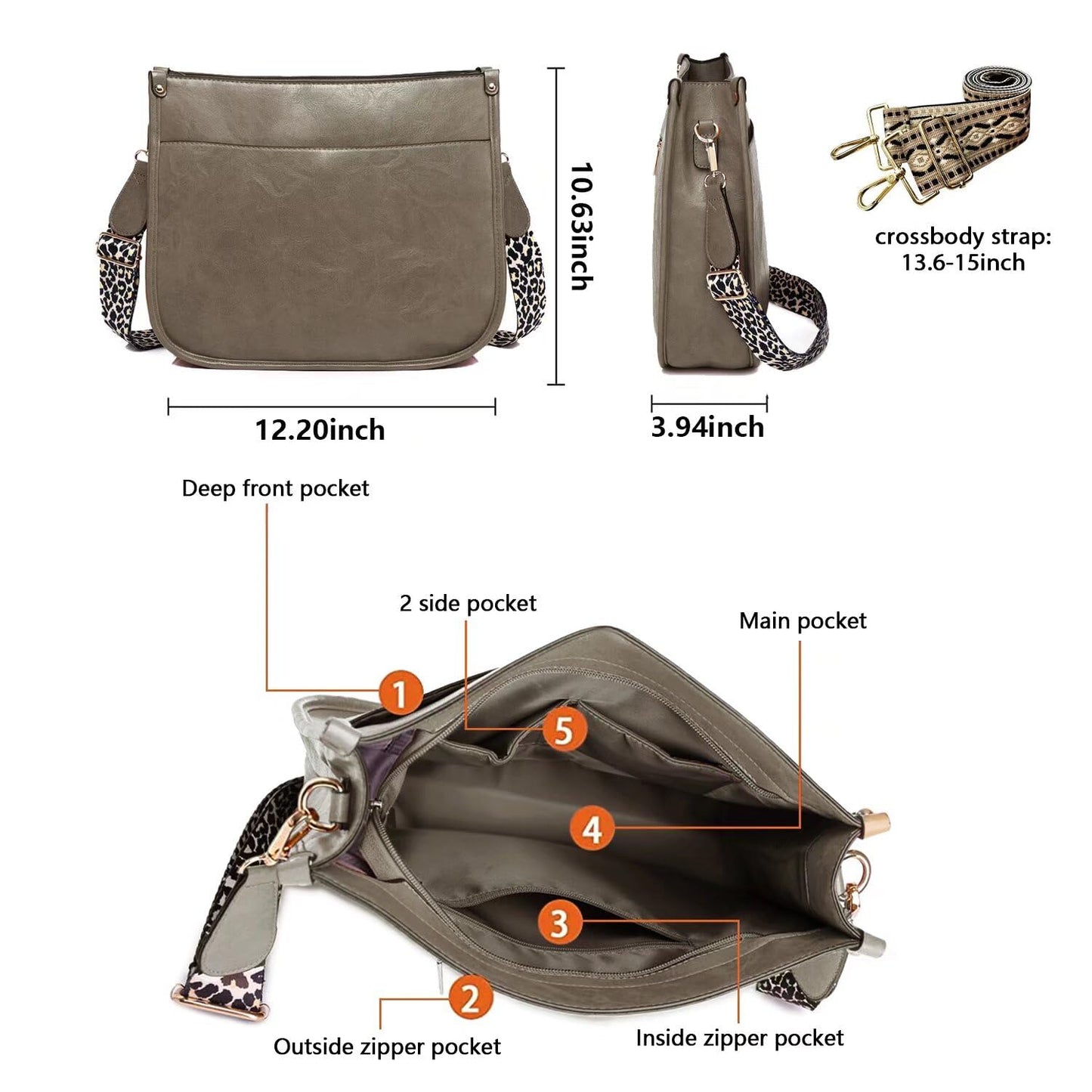 Vegan Leather Crossbody Bags for Women, Crossbody Purse with Guitar Strap Zipped Pockets Handbag