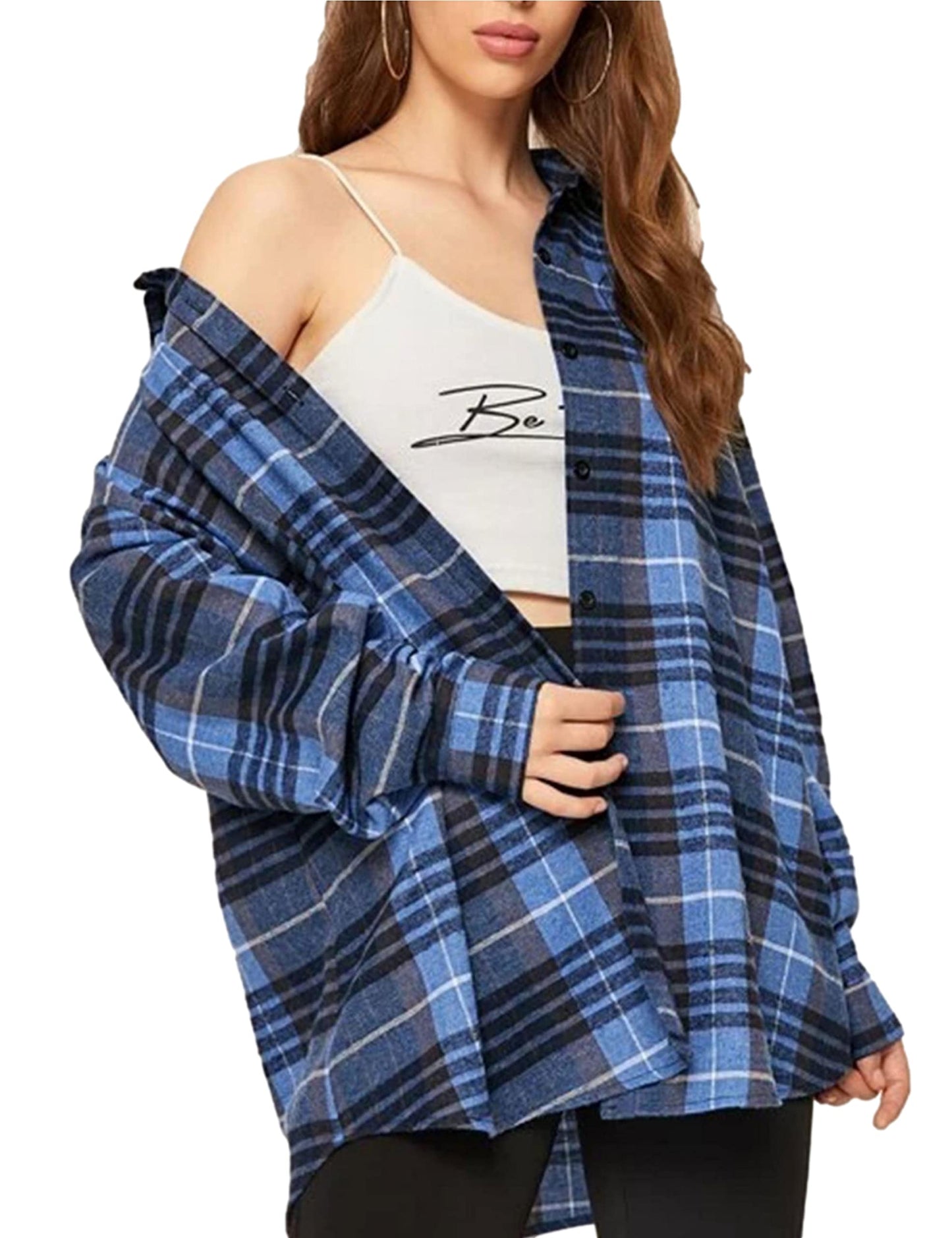 Plaid Flannel Shirts for Women Oversized Long Sleeve Button Down Buffalo Plaid Shirt Blouse Tops
