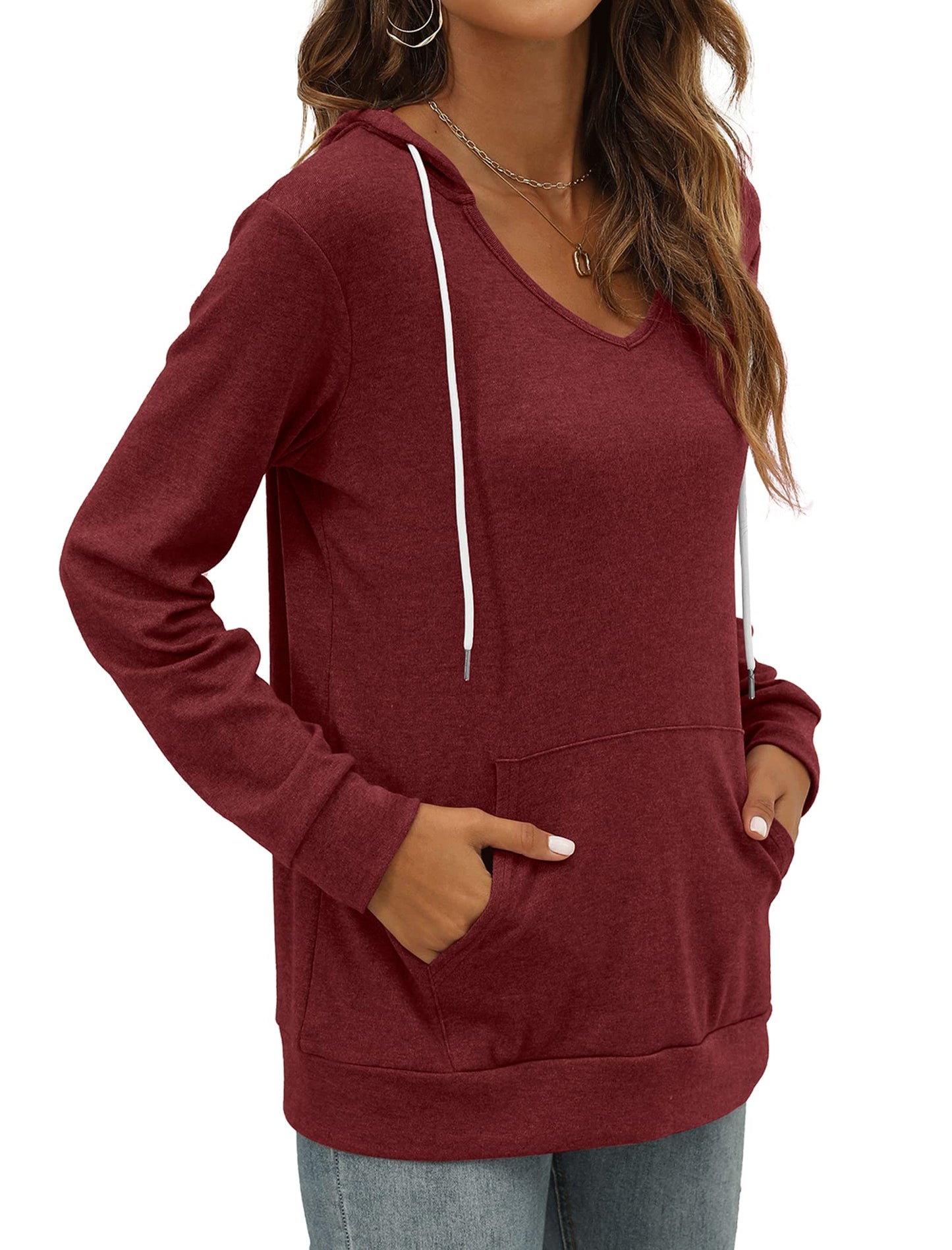 Pocket Hoodies for Womens V Neck Lightweight Sweatshirts Long Sleeve Tops