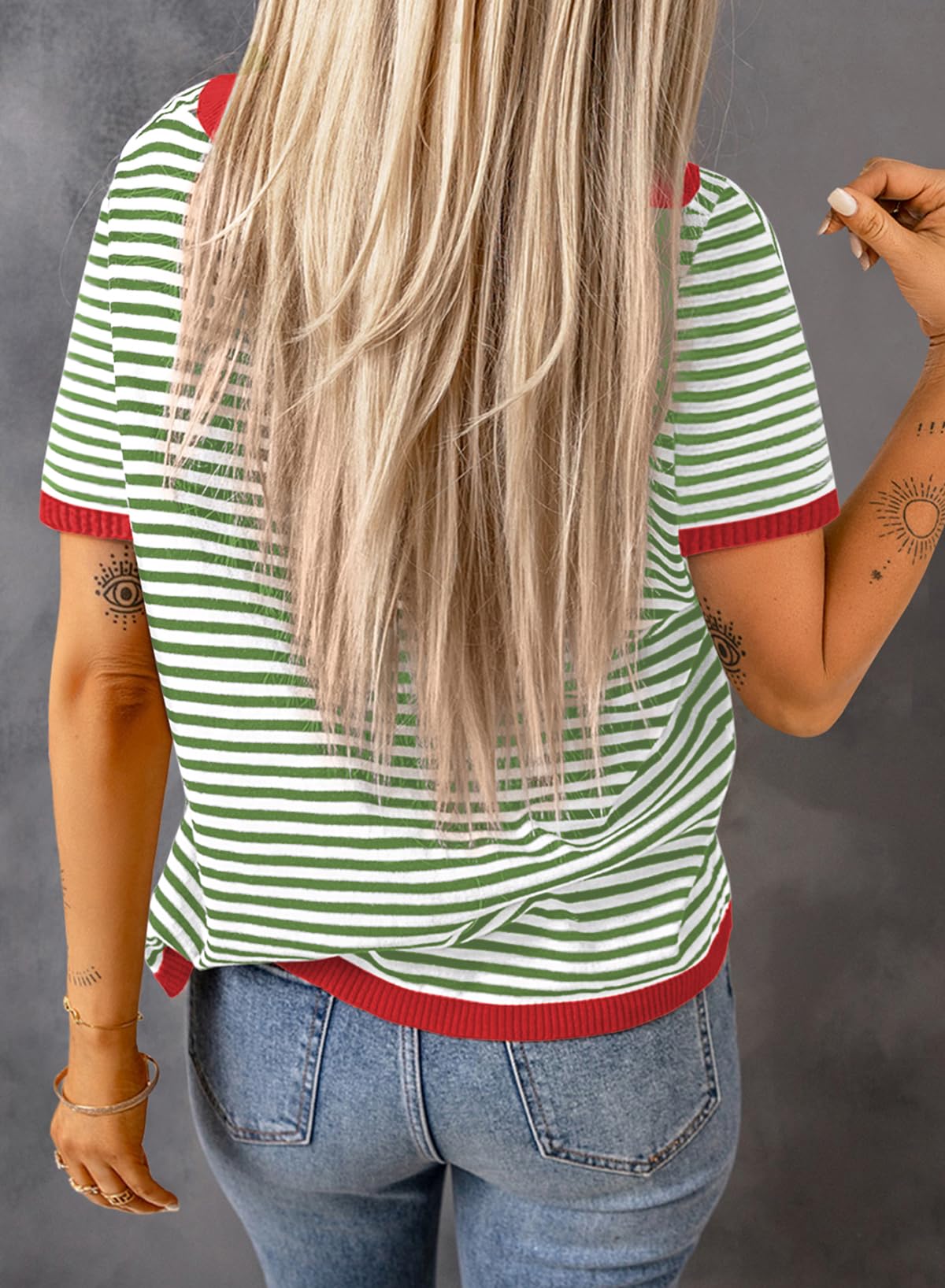 Womens Tops CasualCrewneck Short Sleeve Striped Color Block Knit Trendy Pullover Sweaters