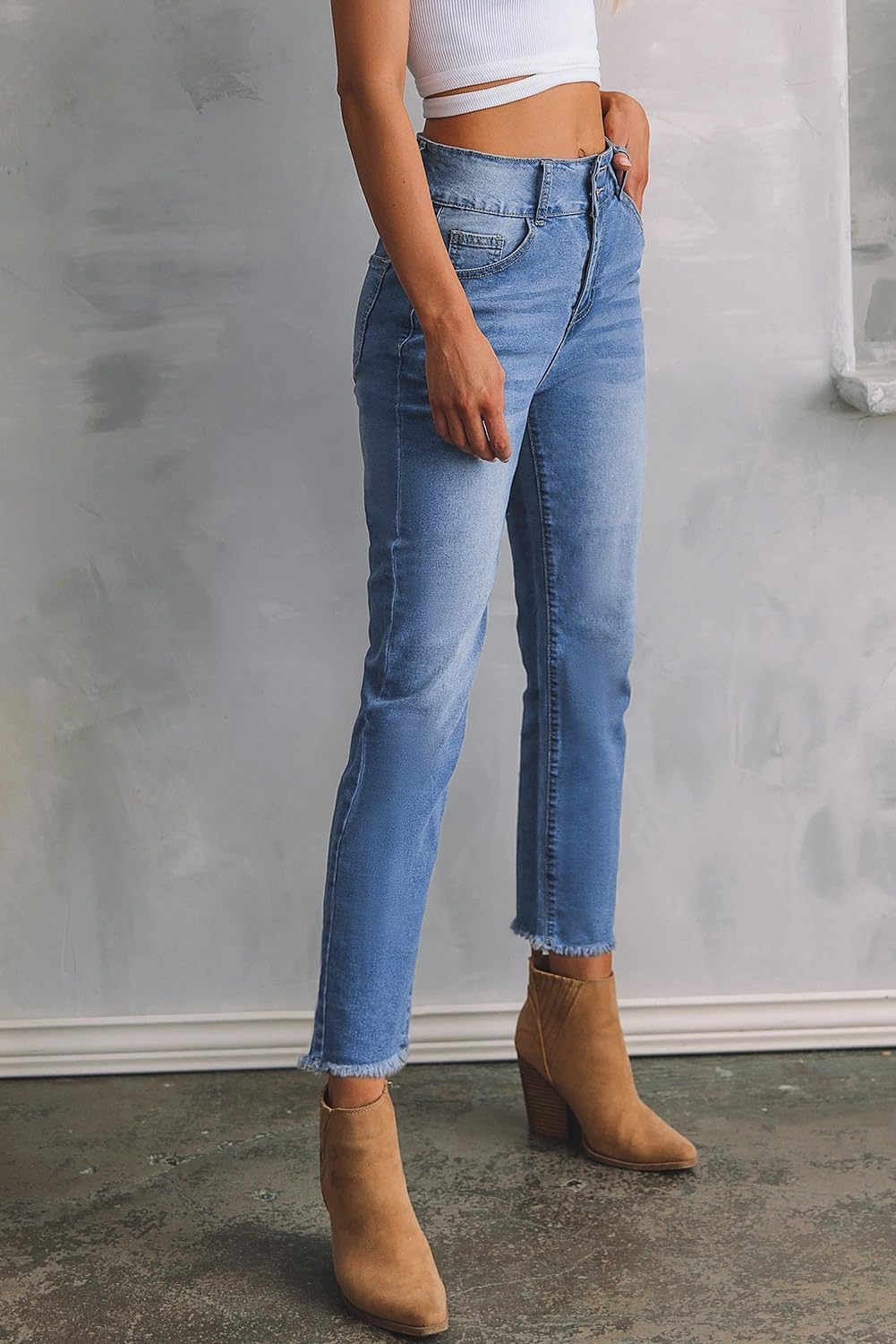 Women's High Waisted Jeans Strechy Raw Hem Straight Leg Denim Pants with Pockets