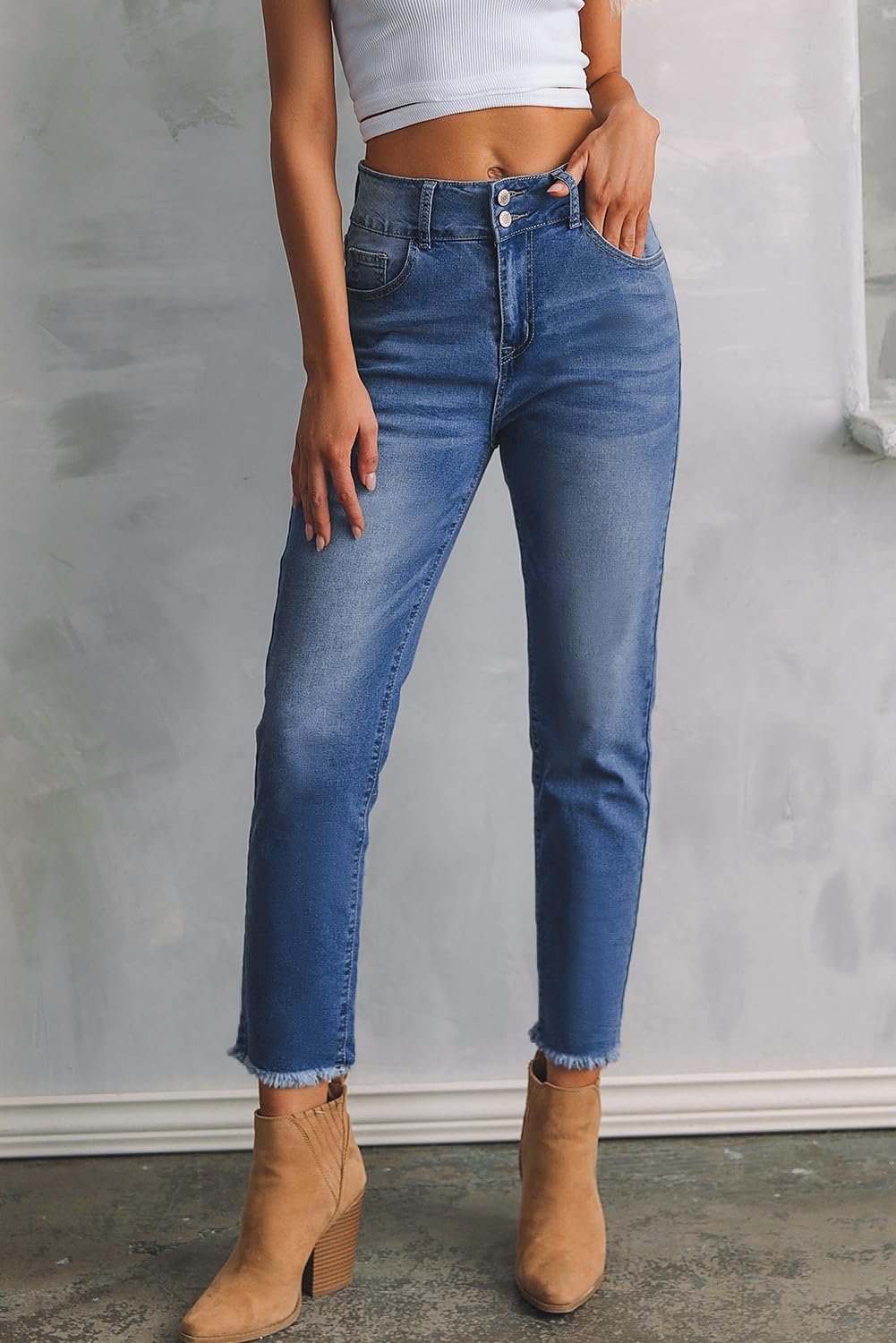 Women's High Waisted Jeans Strechy Raw Hem Straight Leg Denim Pants with Pockets