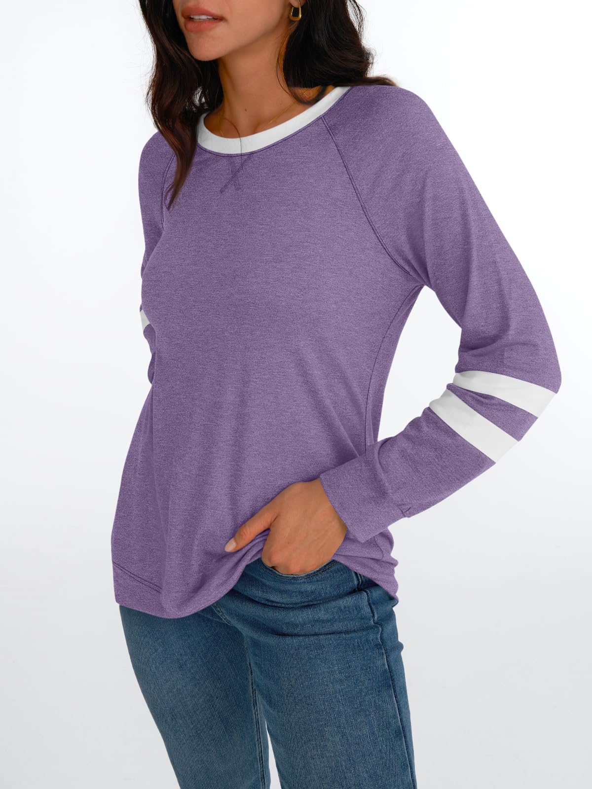Womens Long Sleeve Shirts Color Block Casual Crewneck Tops Tshirt Basic Tees Fashion Clothes Trendy Outfits