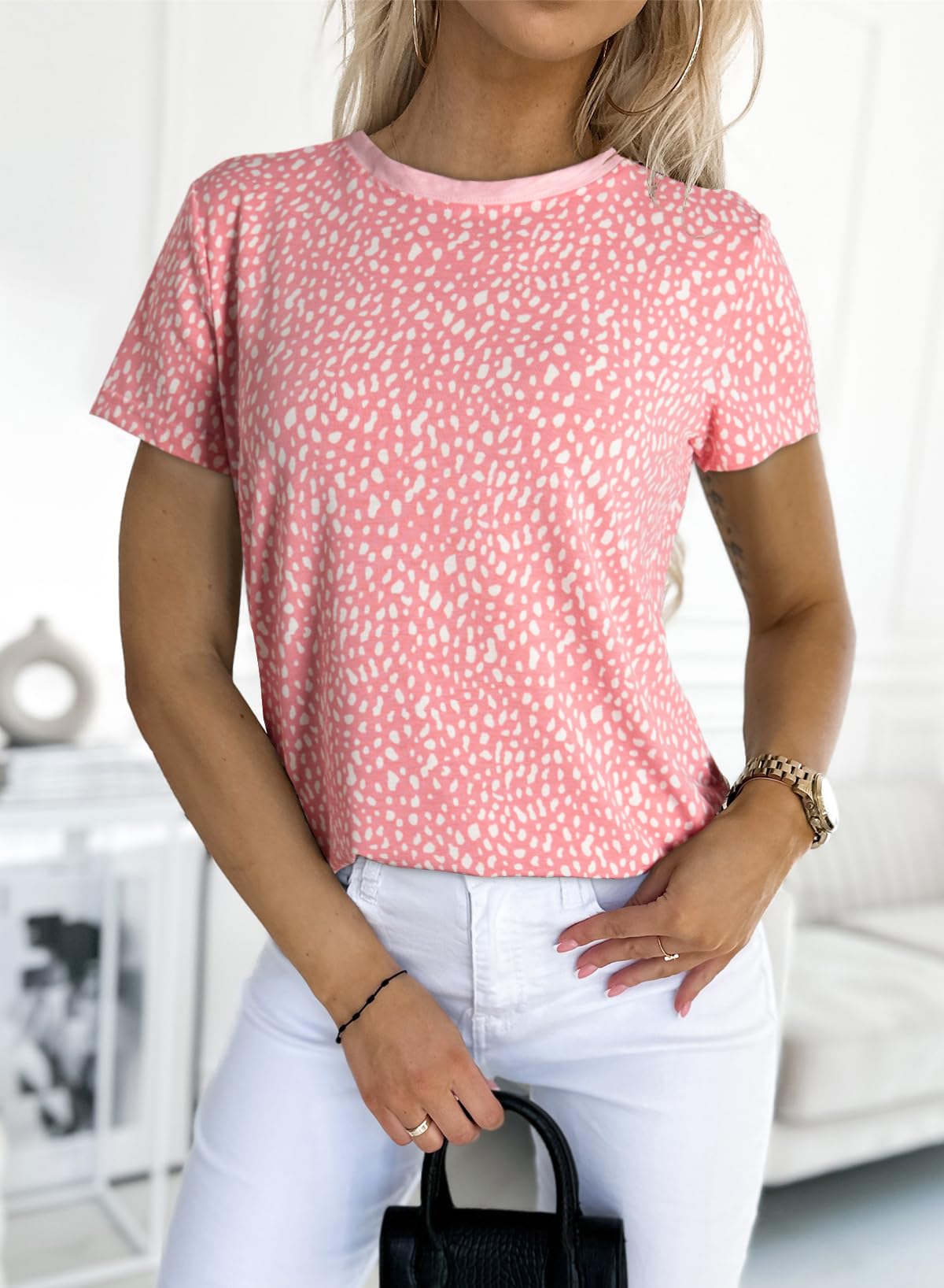 Womens Casual Polka Dot Tops Crewneck Short Sleeve T Shirts Fashion 2024 Spring Summer Loose Fit Shirts