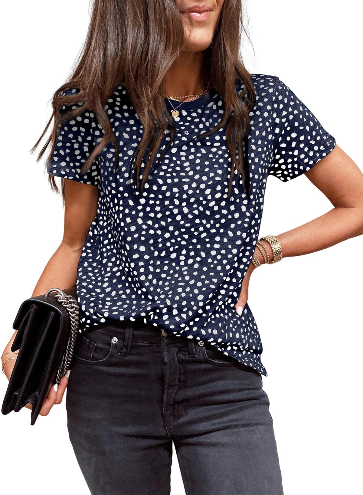 Womens Casual Polka Dot Tops Crewneck Short Sleeve T Shirts Fashion 2024 Spring Summer Loose Fit Shirts