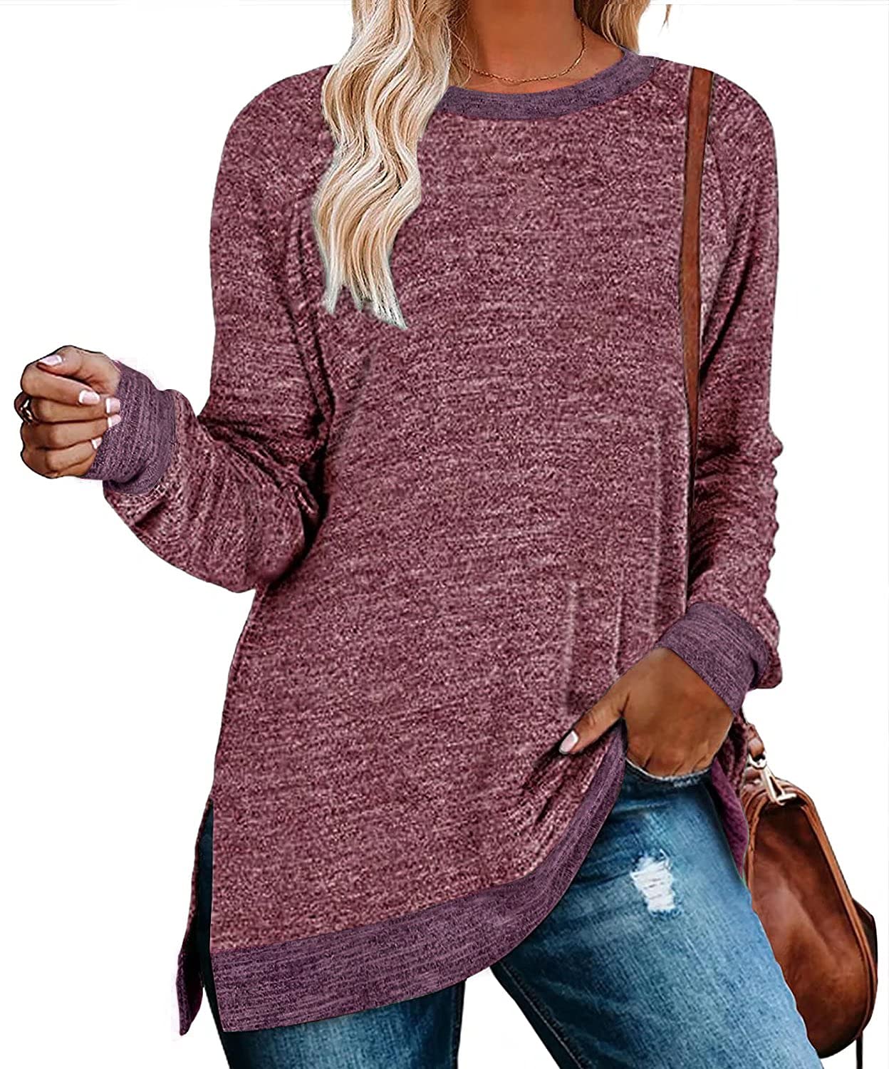Womens Crewneck Pullovers Color Block Long Sleeve Side Split Tunic Tops