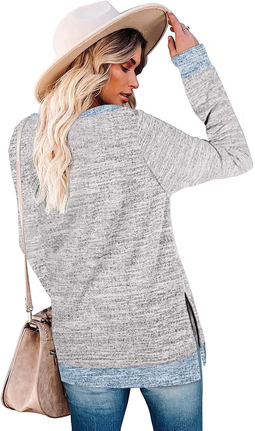 Womens Crewneck Pullovers Color Block Long Sleeve Side Split Tunic Tops