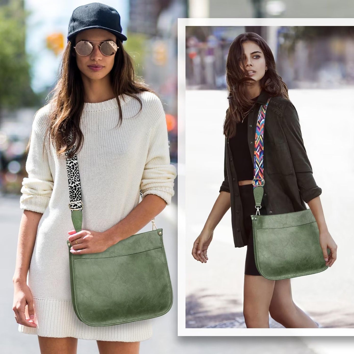 Vegan Leather Crossbody Bags for Women, Crossbody Purse with Guitar Strap Zipped Pockets Handbag