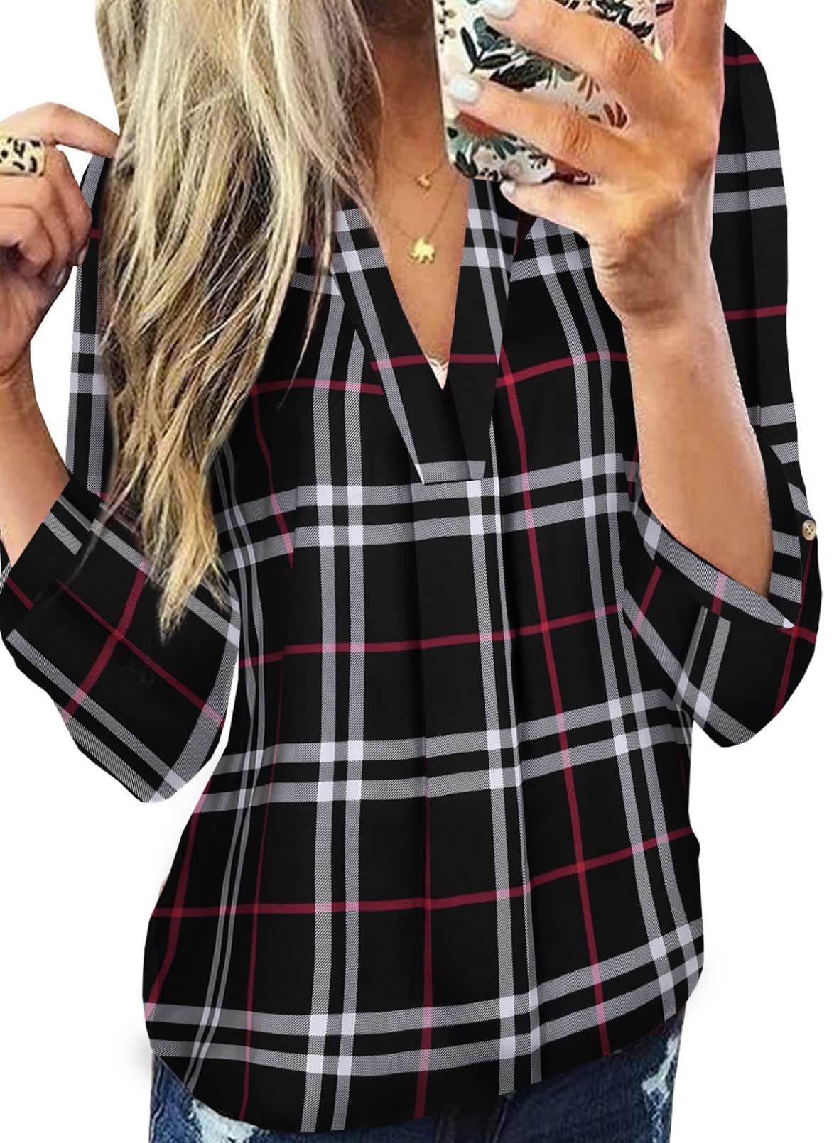 Womens Basic Casual V Neck Plaid Print Cotton Cuffed Long Sleeve Work Tops Blouses Shirts S-3XL